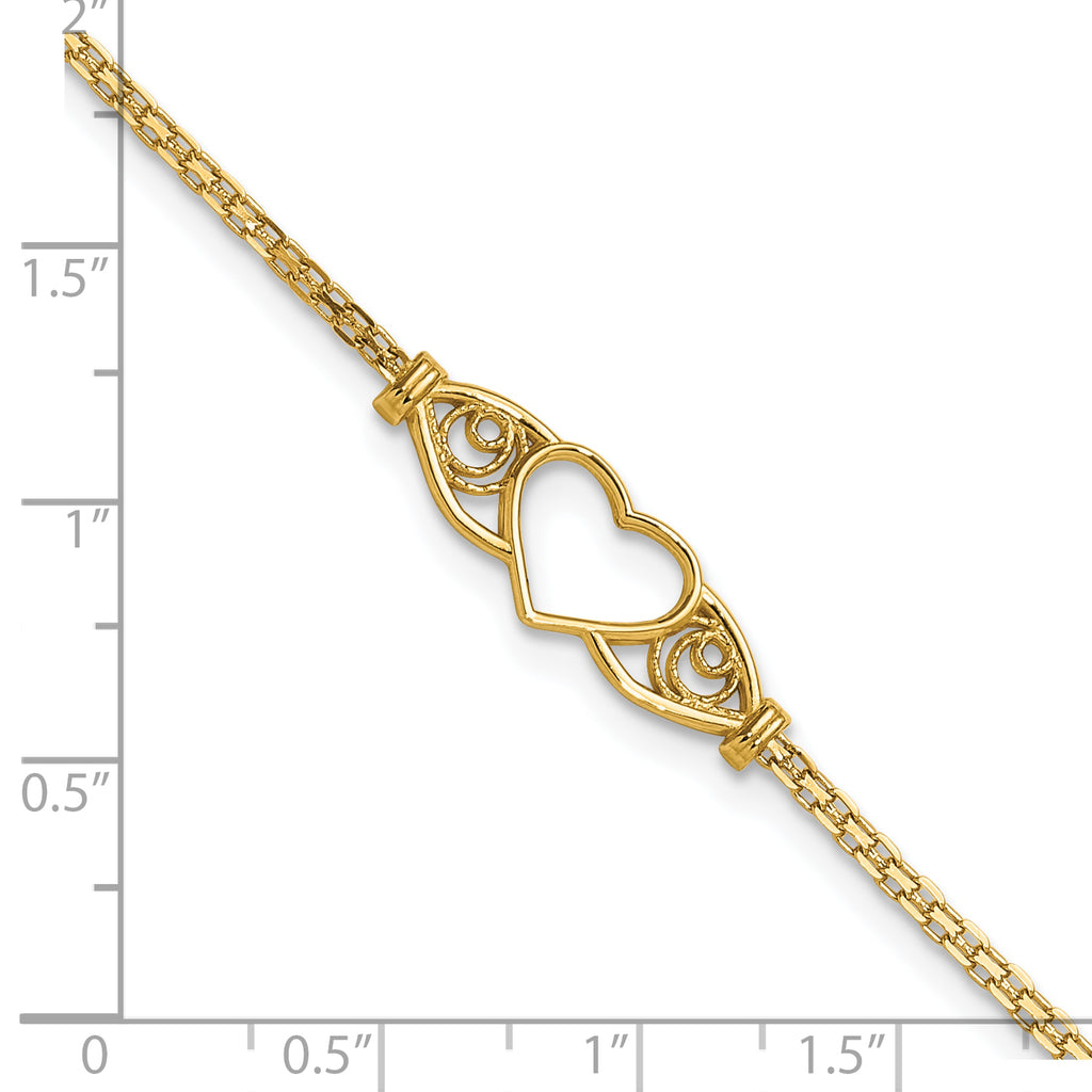 14k Polished Open Heart with Filigree and Bismark Chain 9 inch  Anklet