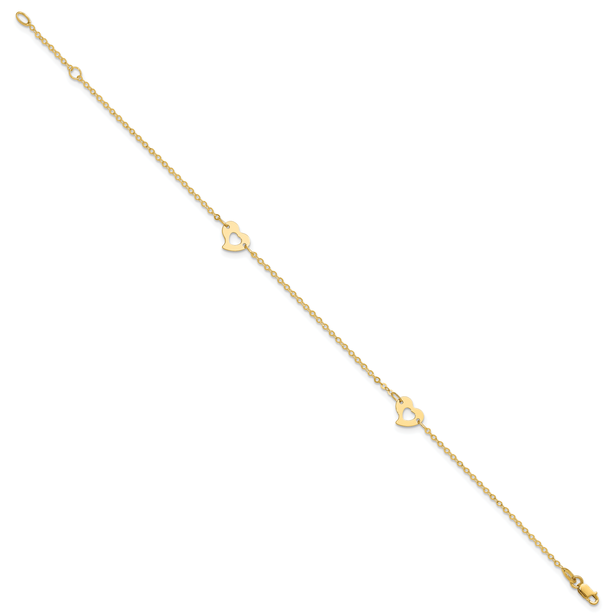 14k Polished Cut-out Heart 9 inch Plus 1 inch Extender - Total 10 inch Anklet - Sophia Jewelers