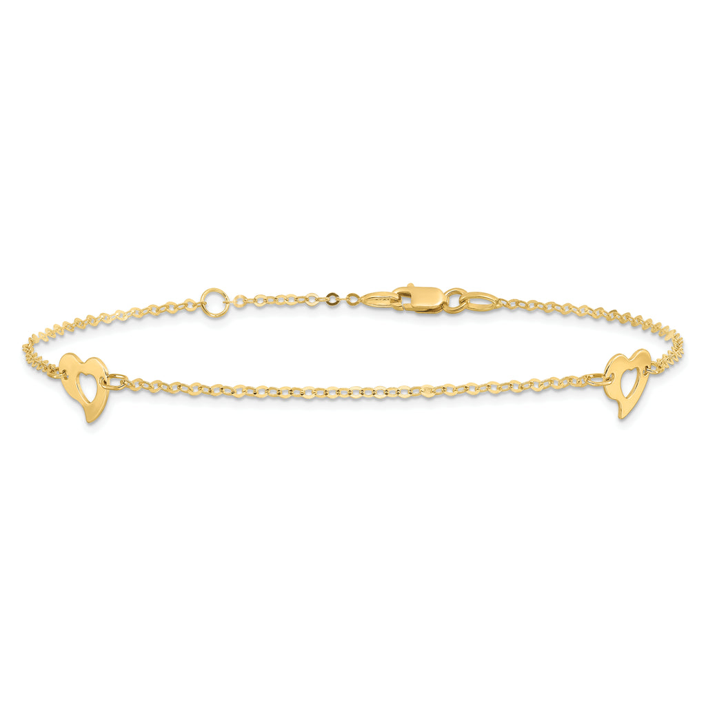 14k Polished Cut-out Heart 9 inch Plus 1 inch Extender - Total 10 inch Anklet - Sophia Jewelers