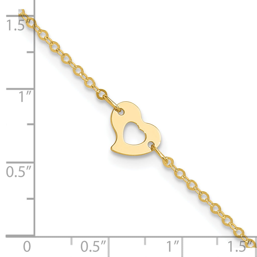 14k Polished Cut-out Heart 9 inch Plus 1 inch Extender - Total 10 inch Anklet - Sophia Jewelers
