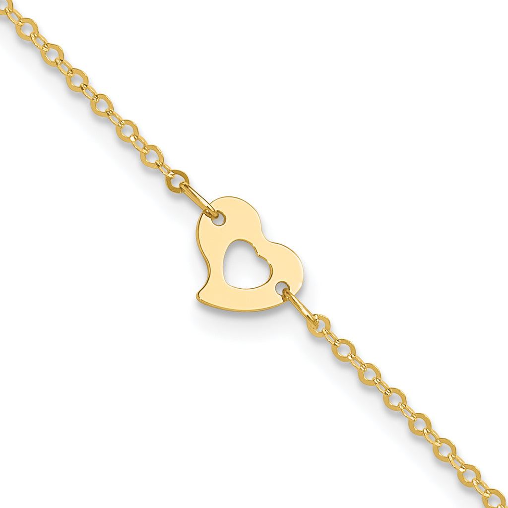14k Polished Cut-out Heart 9 inch Plus 1 inch Extender - Total 10 inch Anklet - Sophia Jewelers