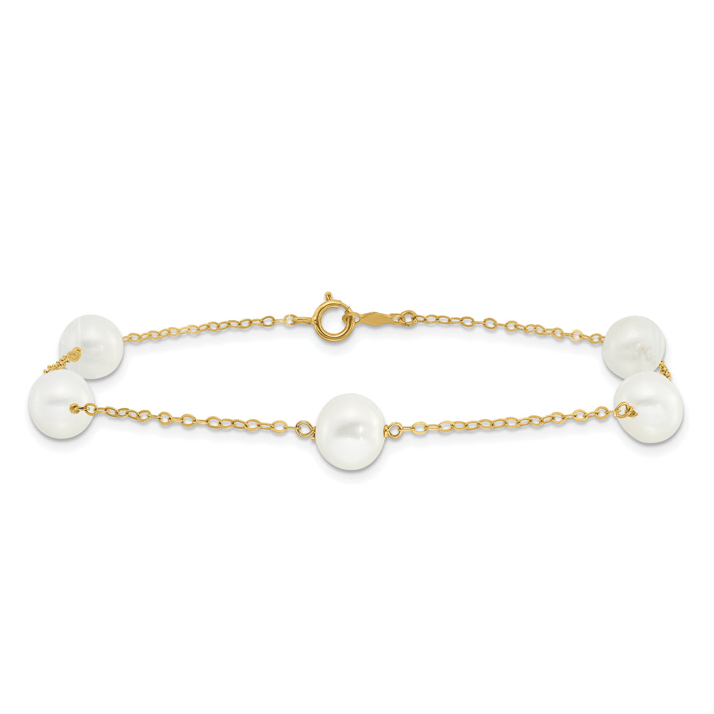 14k 7-8mm White Near-Round Freshwater Cultured Pearl 5-Station 9 inch Anklet - Sophia Jewelers