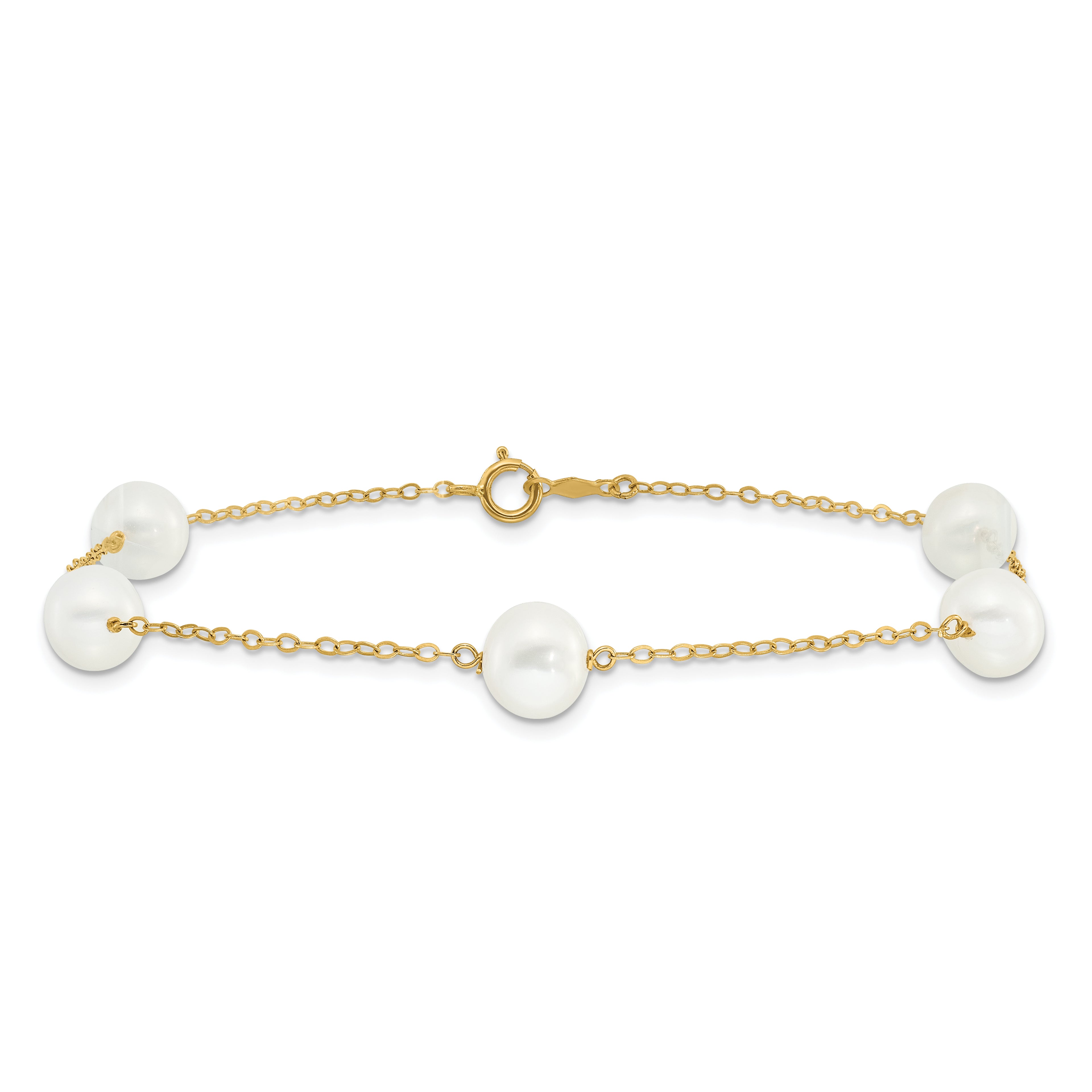 14k 7-8mm White Near-Round Freshwater Cultured Pearl 5-Station 9 inch Anklet - Sophia Jewelers