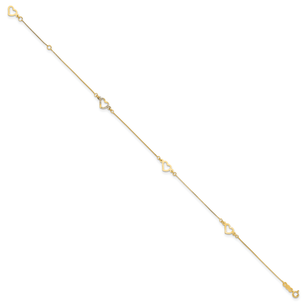 14K Fancy Open Hearts 3-Station 9 inch Plus 1 inch Extender - Total 10 inch Anklet - Sophia Jewelers