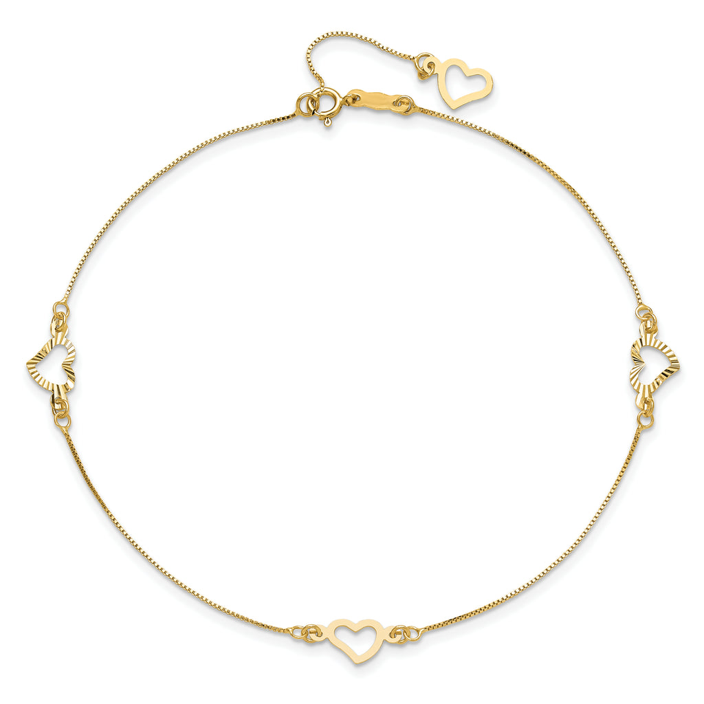 14K Fancy Open Hearts 3-Station 9 inch Plus 1 inch Extender - Total 10 inch Anklet - Sophia Jewelers