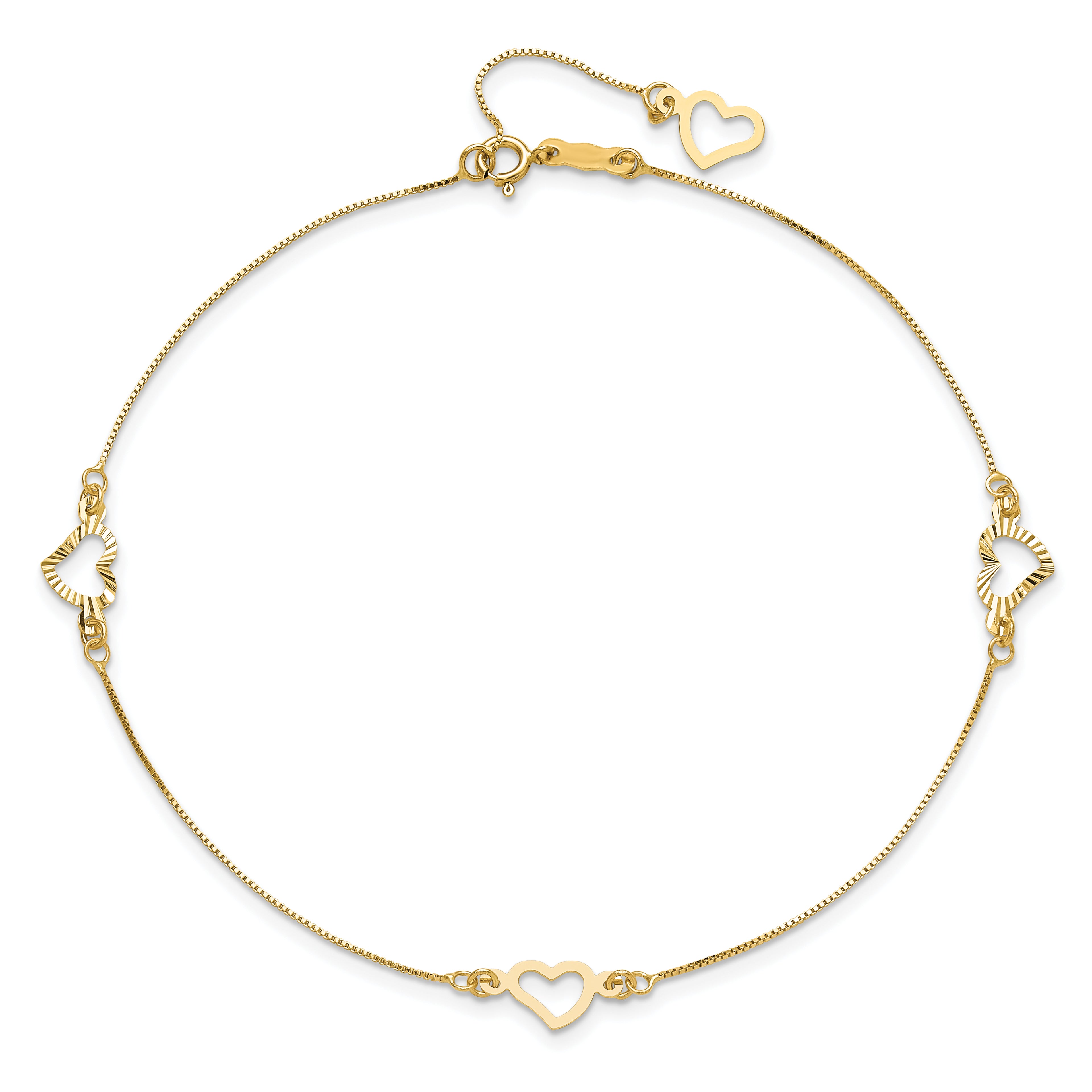 14K Fancy Open Hearts 3-Station 9 inch Plus 1 inch Extender - Total 10 inch Anklet - Sophia Jewelers