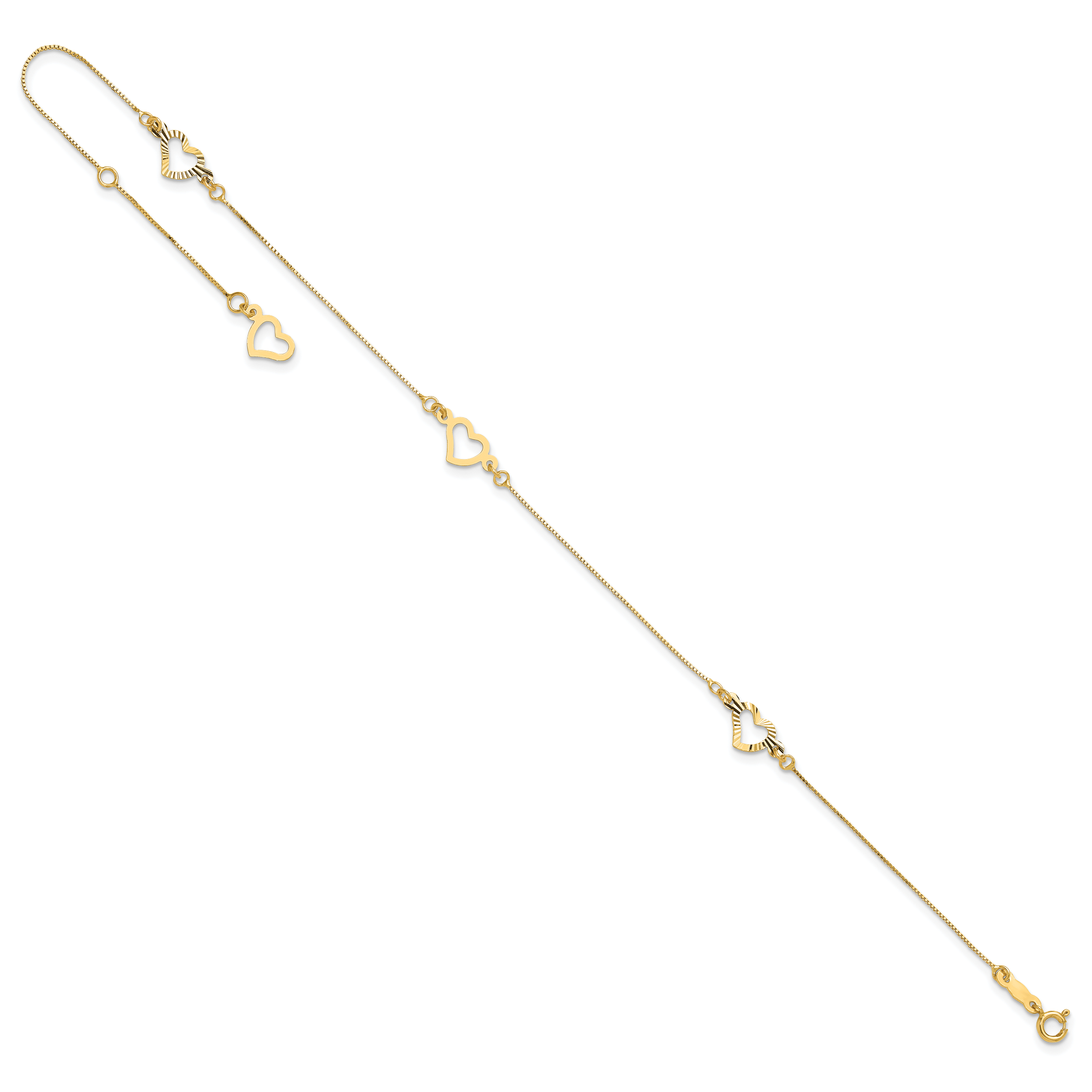 14K Fancy Open Hearts 3-Station 9 inch Plus 1 inch Extender - Total 10 inch Anklet - Sophia Jewelers