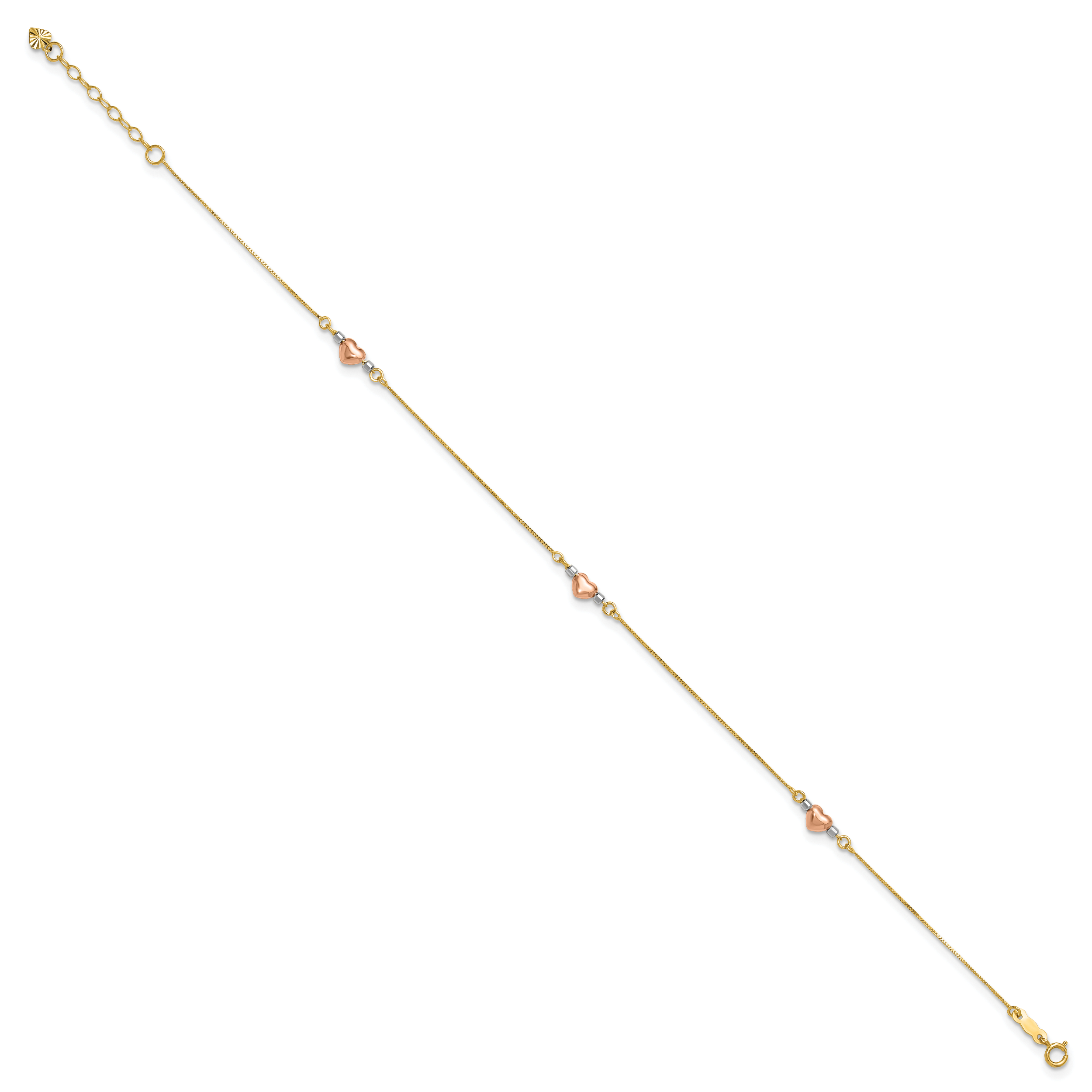 14k Tri-Color Puffed Hearts and Beads 9 inch Plus 1 inch Extender - Total 10 inch Anklet - Sophia Jewelers Main image