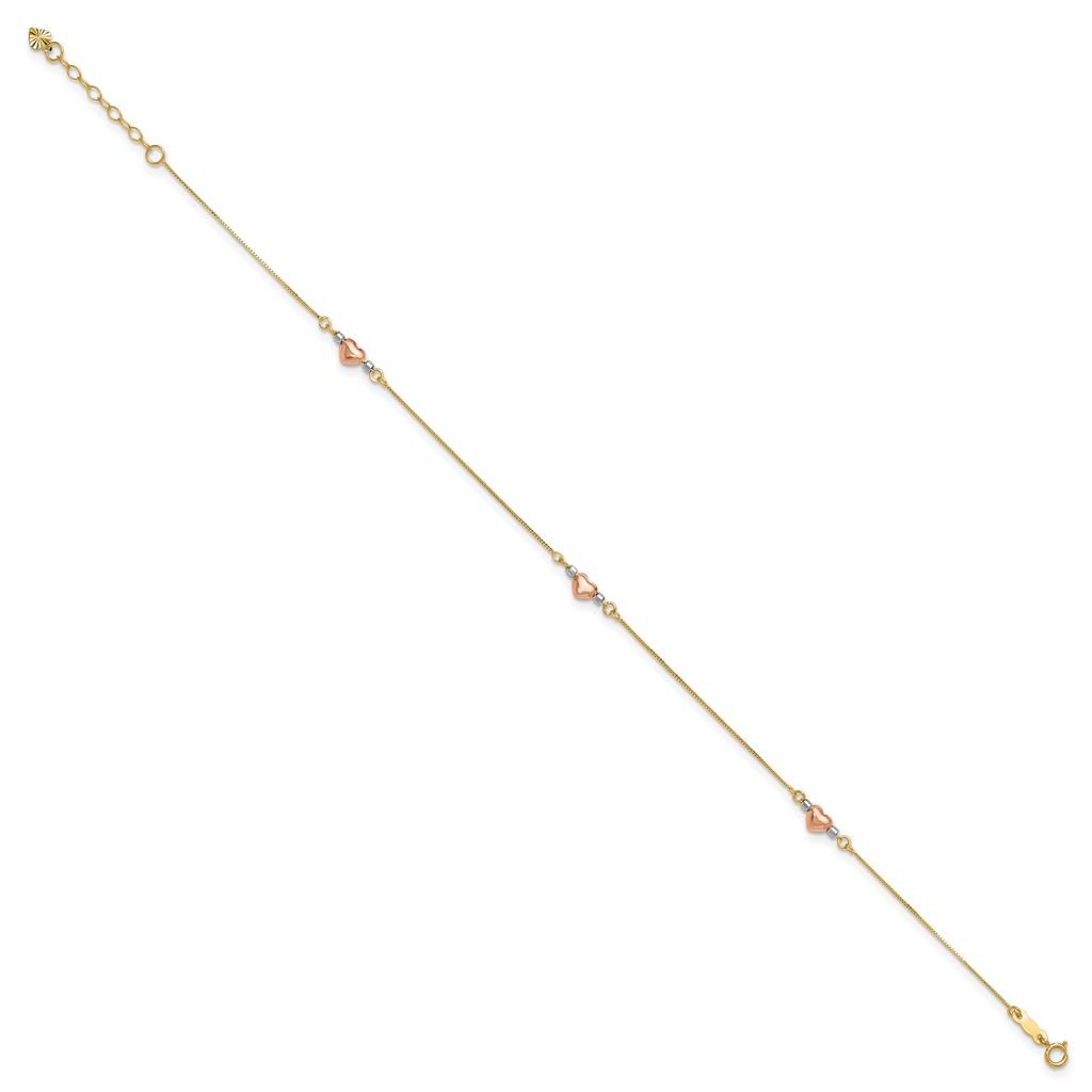 14k Tri-Color Puffed Hearts and Beads 9 inch Plus 1 inch Extender - Total 10 inch Anklet - Sophia Jewelers