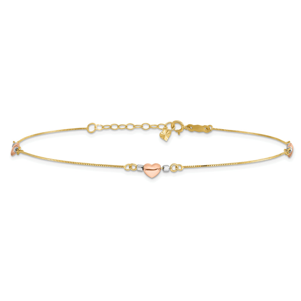 14k Tri-Color Puffed Hearts and Beads 9 inch Plus 1 inch Extender - Total 10 inch Anklet - Sophia Jewelers
