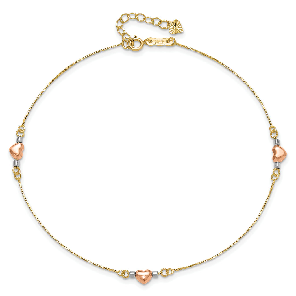 14k Tri-Color Puffed Hearts and Beads 9 inch Plus 1 inch Extender - Total 10 inch Anklet - Sophia Jewelers