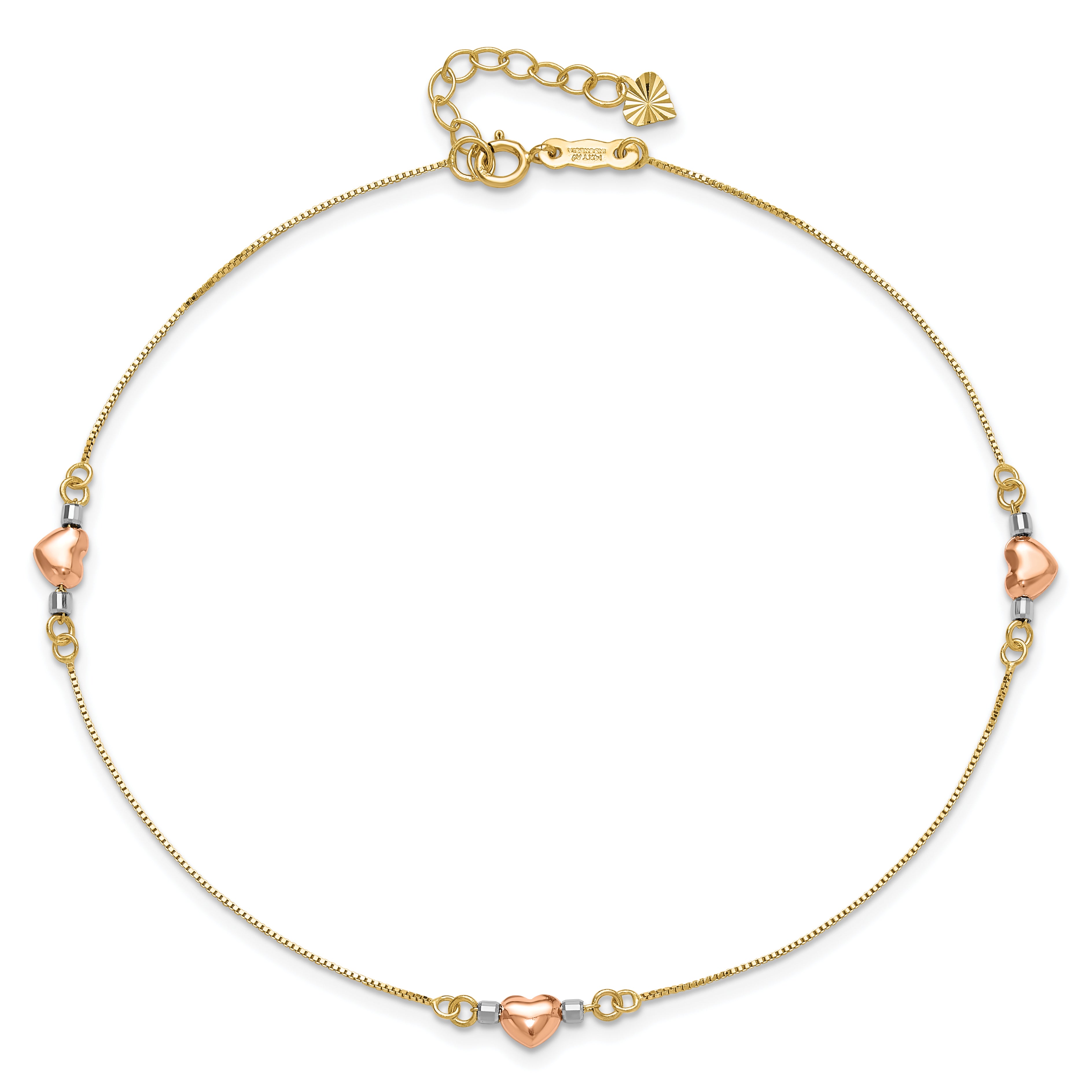 14k Tri-Color Puffed Hearts and Beads 9 inch Plus 1 inch Extender - Total 10 inch Anklet - Sophia Jewelers