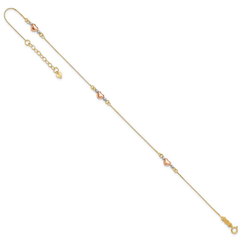 14k Tri-Color Puffed Hearts and Beads 9 inch Plus 1 inch Extender - Total 10 inch Anklet - Sophia Jewelers