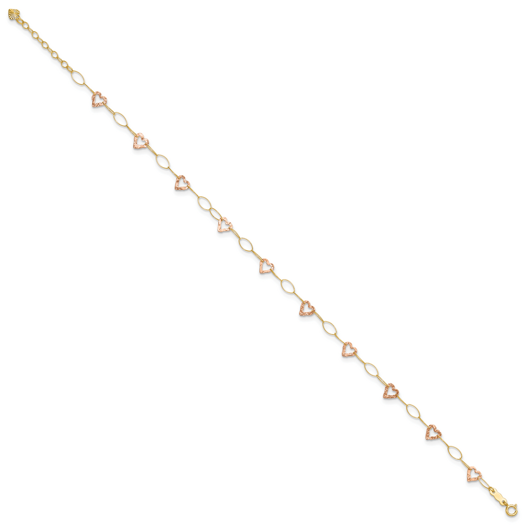 14k Two-tone Hammered Open Hearts and Oval Link 9 inch Plus 1 inch Extender - Total 10 inch Anklet - Sophia Jewelers