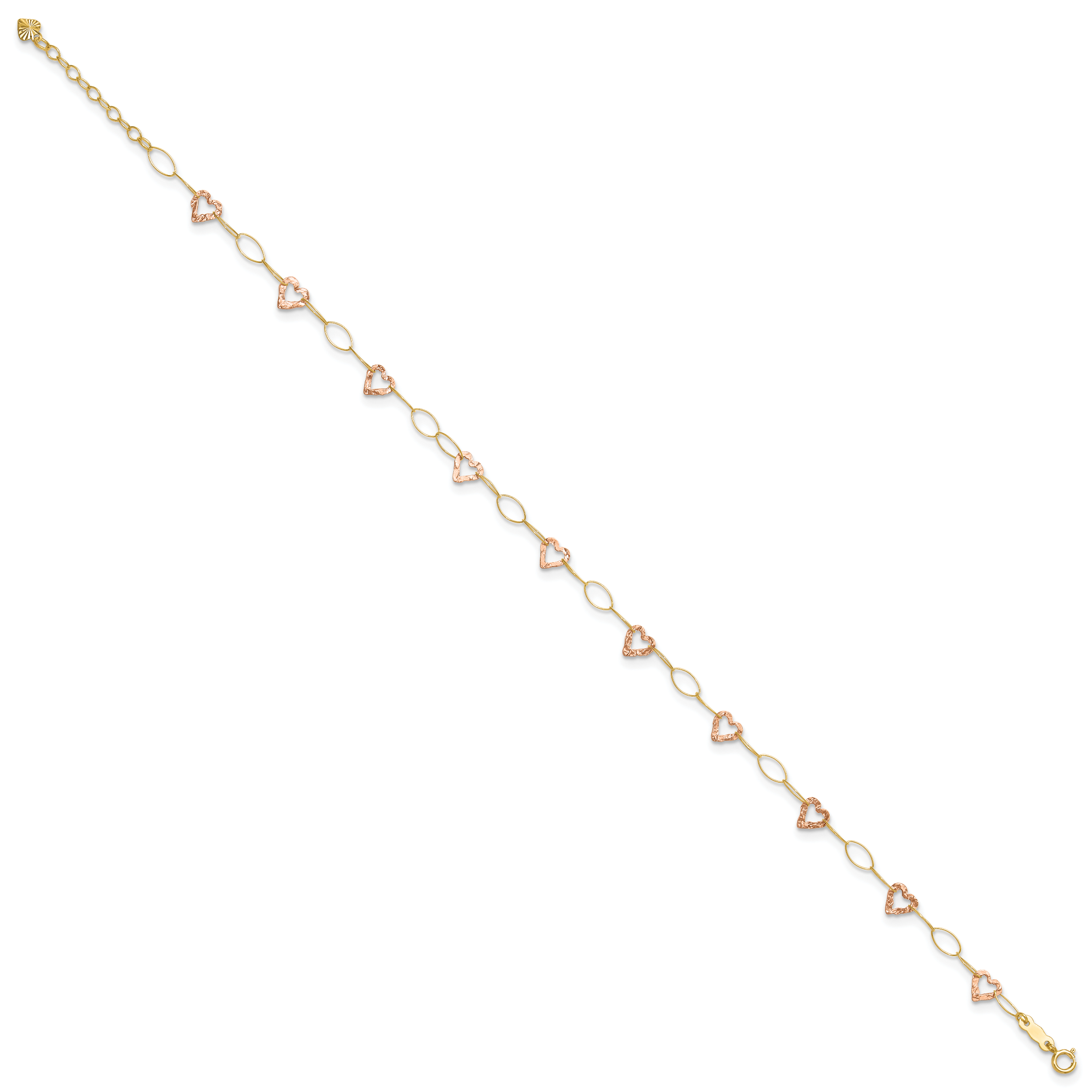 14k Two-tone Hammered Open Hearts and Oval Link 9 inch Plus 1 inch Extender - Total 10 inch Anklet - Sophia Jewelers