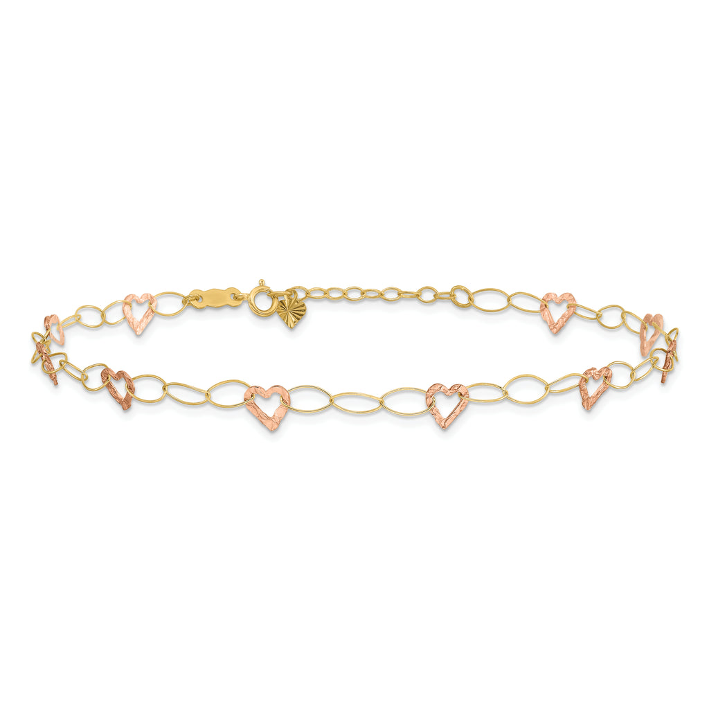 14k Two-tone Hammered Open Hearts and Oval Link 9 inch Plus 1 inch Extender - Total 10 inch Anklet - Sophia Jewelers