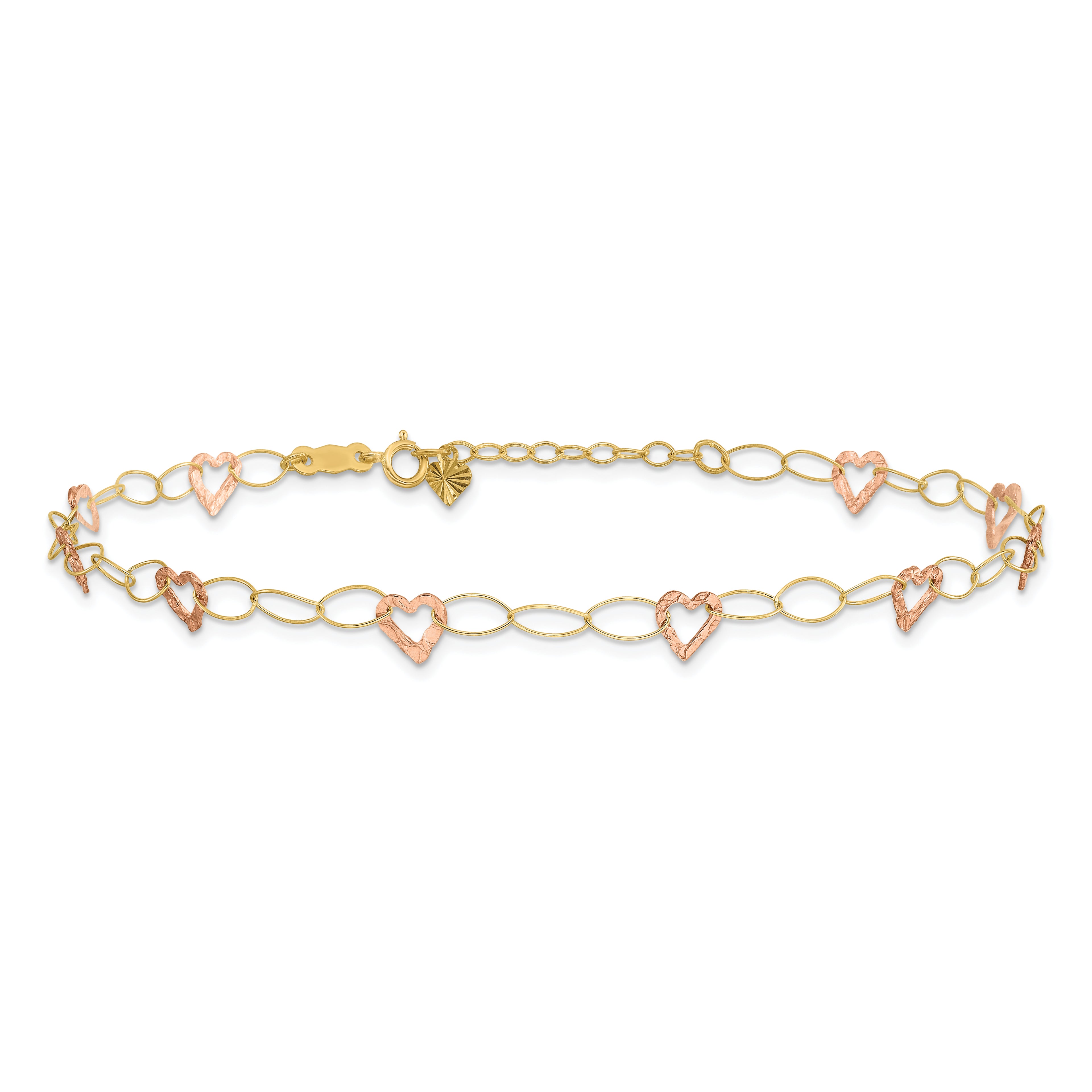 14k Two-tone Hammered Open Hearts and Oval Link 9 inch Plus 1 inch Extender - Total 10 inch Anklet - Sophia Jewelers