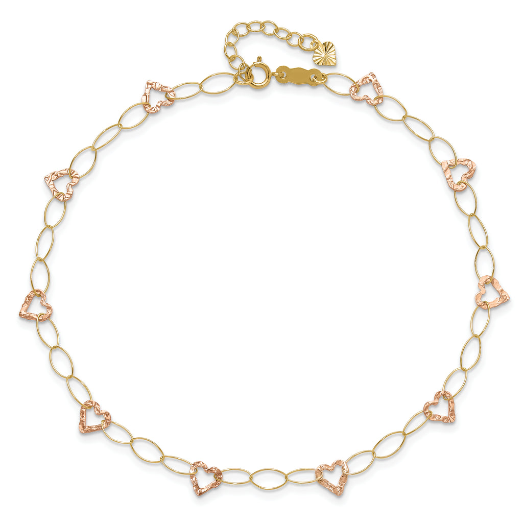 14k Two-tone Hammered Open Hearts and Oval Link 9 inch Plus 1 inch Extender - Total 10 inch Anklet - Sophia Jewelers
