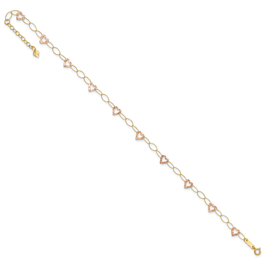 14k Two-tone Hammered Open Hearts and Oval Link 9 inch Plus 1 inch Extender - Total 10 inch Anklet - Sophia Jewelers