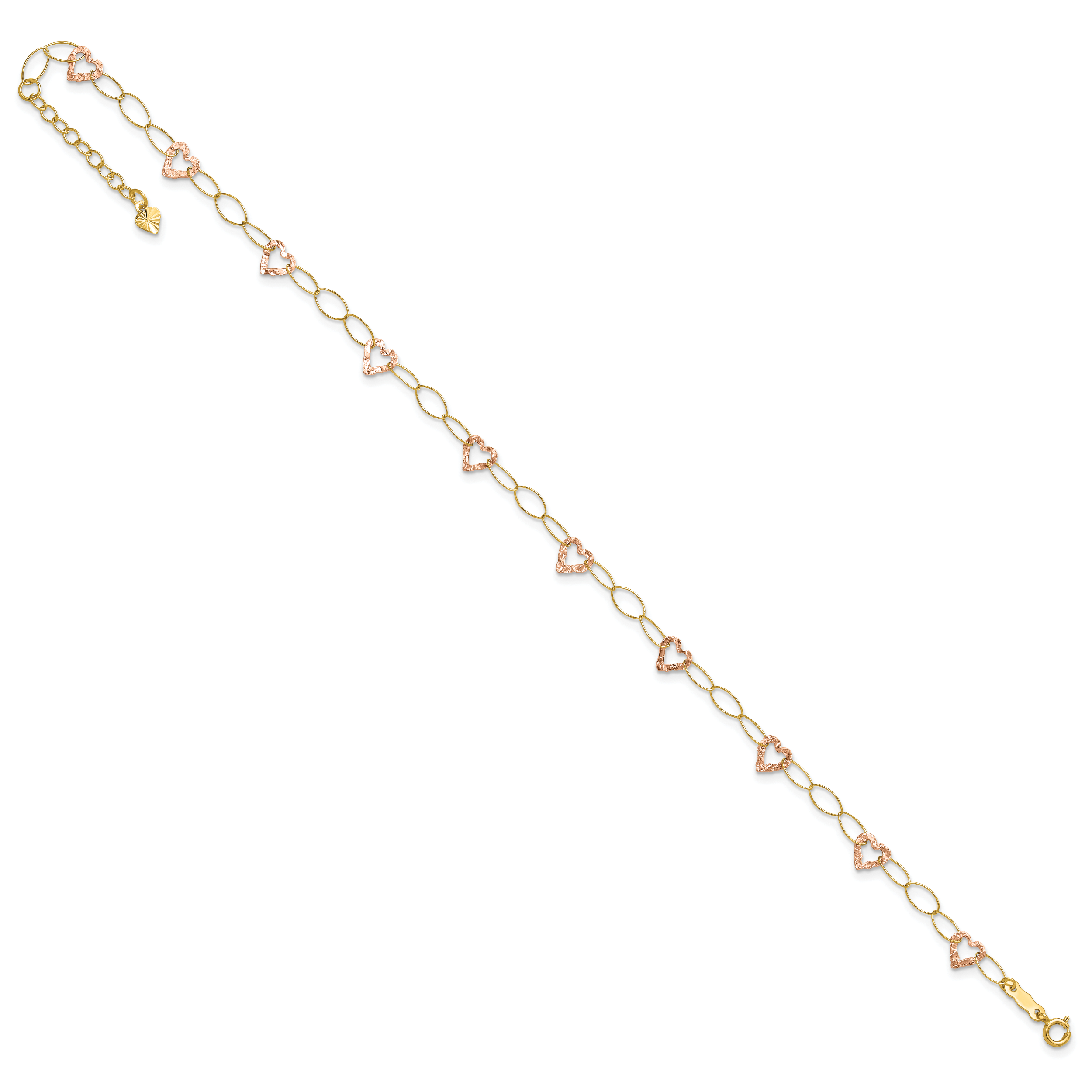 14k Two-tone Hammered Open Hearts and Oval Link 9 inch Plus 1 inch Extender - Total 10 inch Anklet - Sophia Jewelers
