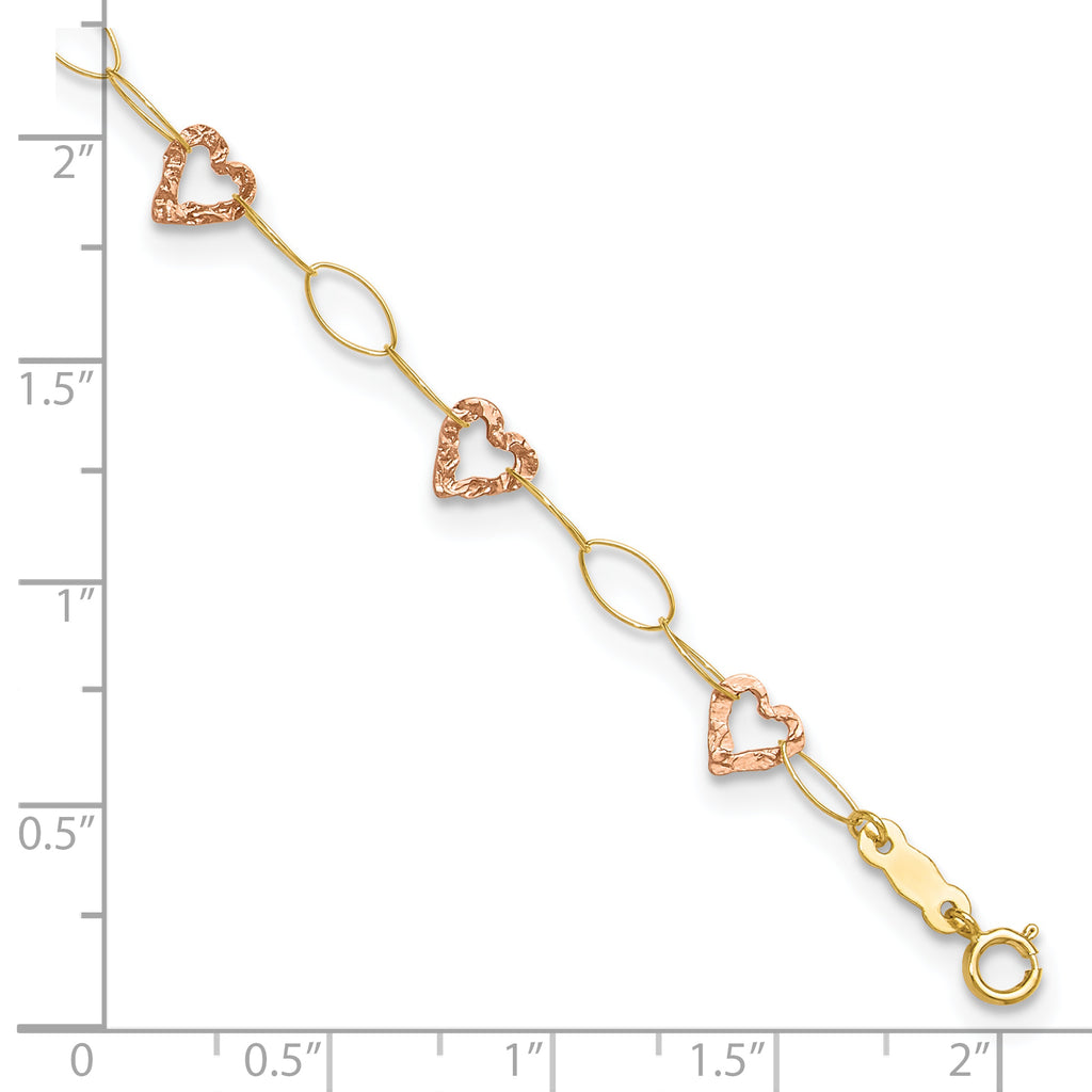 14k Two-tone Hammered Open Hearts and Oval Link 9 inch Plus 1 inch Extender - Total 10 inch Anklet - Sophia Jewelers