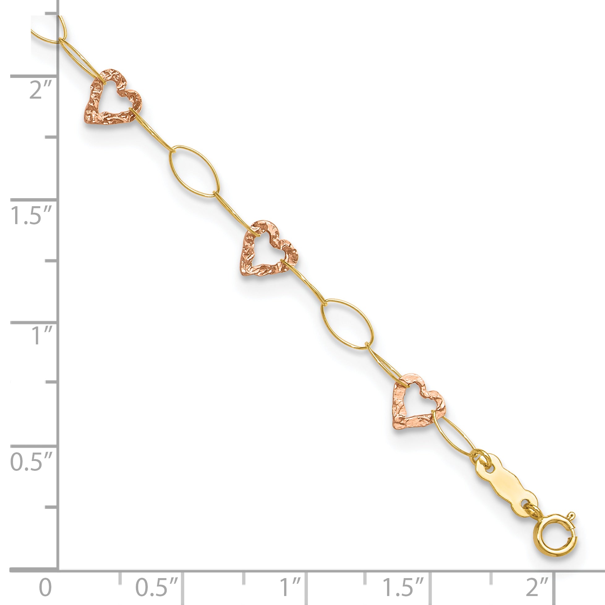 14k Two-tone Hammered Open Hearts and Oval Link 9 inch Plus 1 inch Extender - Total 10 inch Anklet - Sophia Jewelers