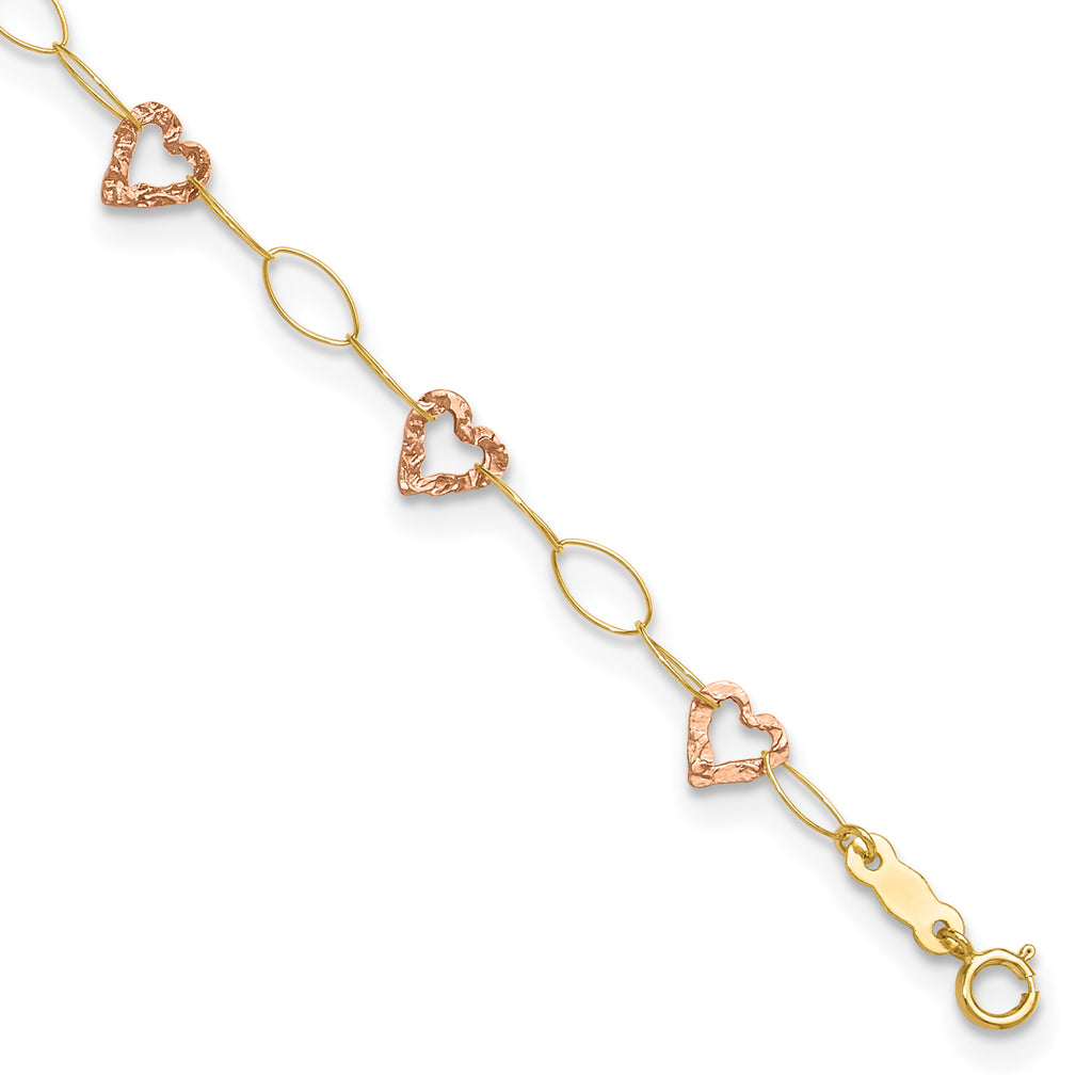14k Two-tone Hammered Open Hearts and Oval Link 9 inch Plus 1 inch Extender - Total 10 inch Anklet - Sophia Jewelers