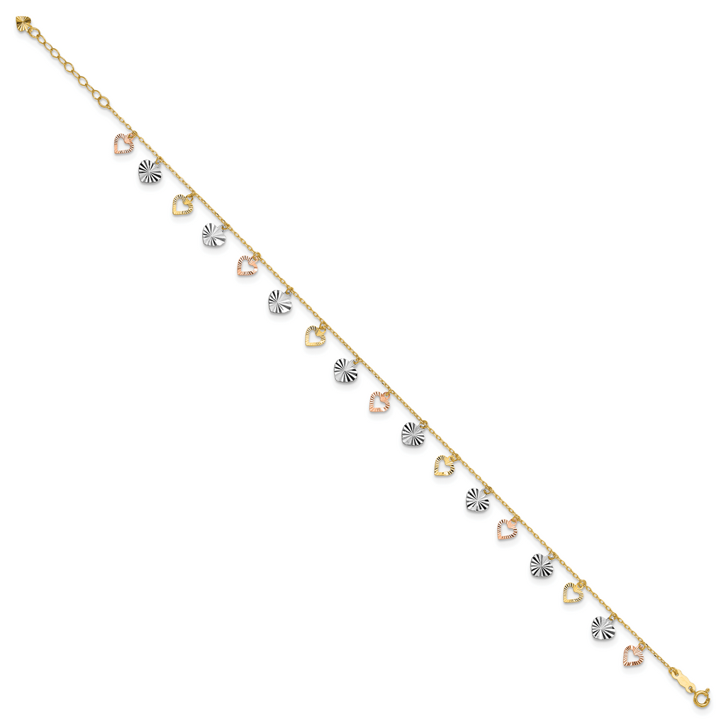 14K Tri-Color Dangle Hearts 9 inch Plus 1 inch Extender - Total 10 inch Anklet - Sophia Jewelers