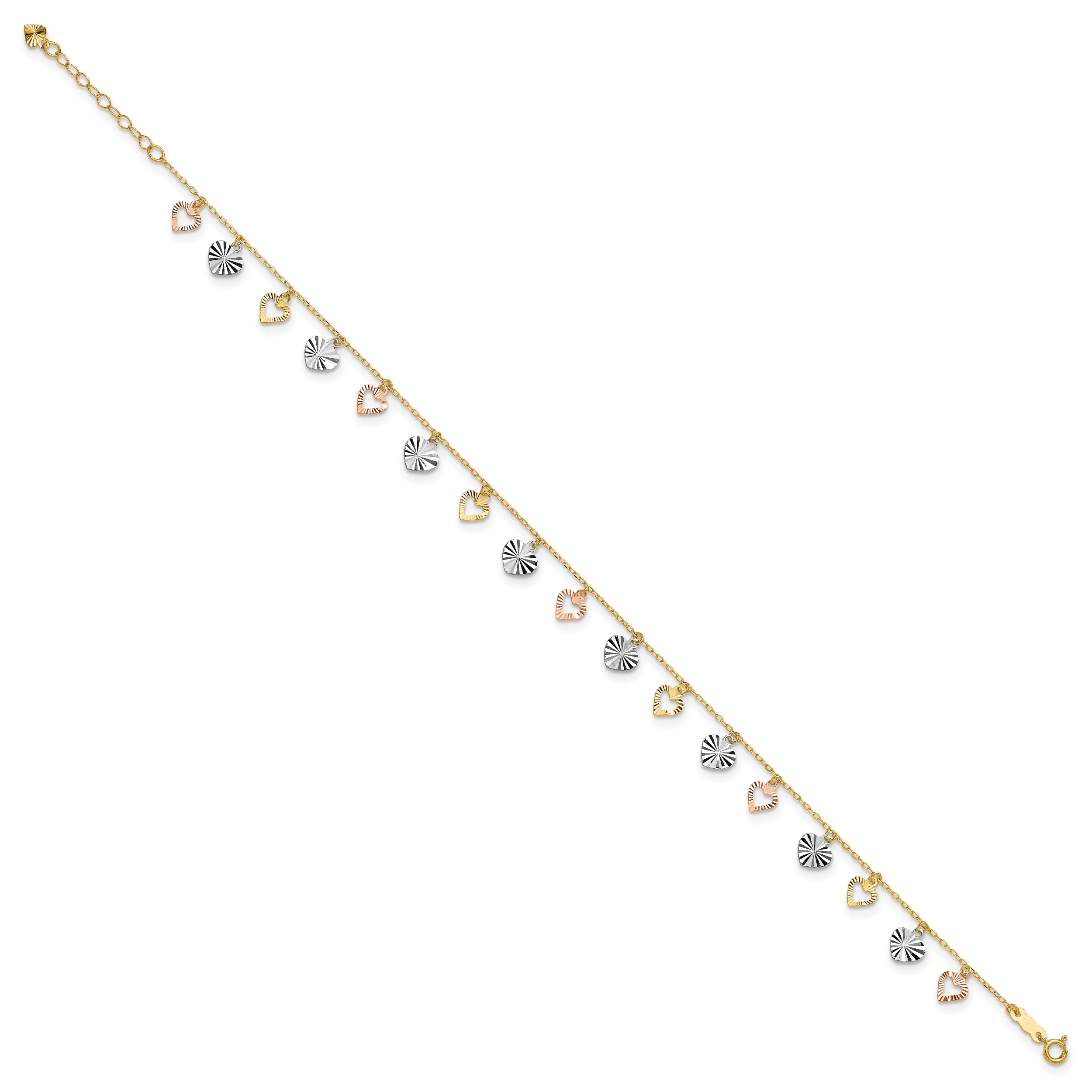 14K Tri-Color Dangle Hearts 9 inch Plus 1 inch Extender - Total 10 inch Anklet - Sophia Jewelers