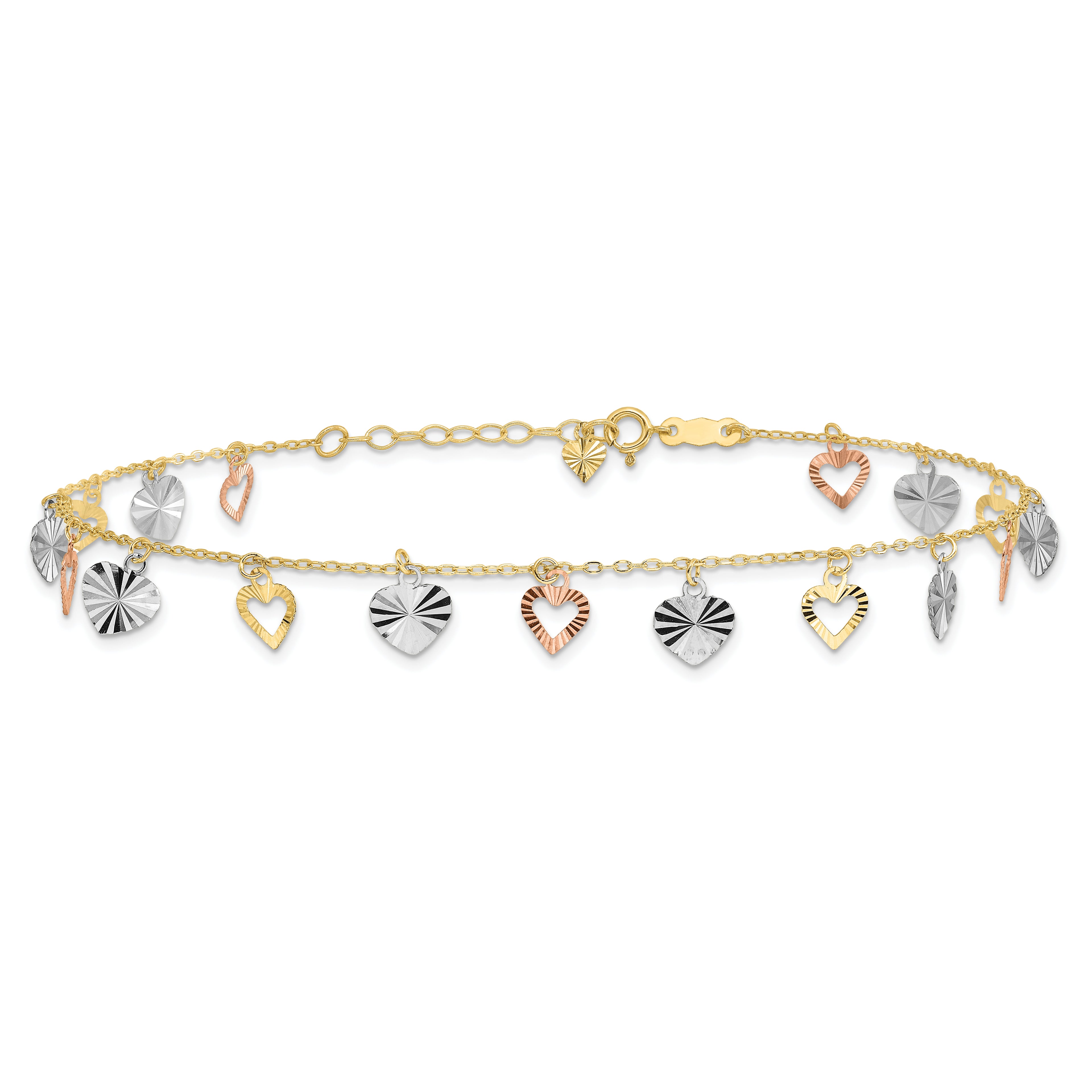 14K Tri-Color Dangle Hearts 9 inch Plus 1 inch Extender - Total 10 inch Anklet - Sophia Jewelers