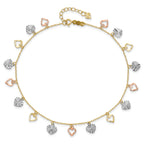 14K Tri-Color Dangle Hearts 9 inch Plus 1 inch Extender - Total 10 inch Anklet - Sophia Jewelers