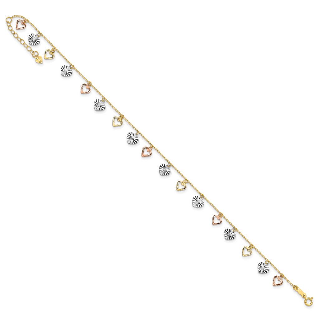 14K Tri-Color Dangle Hearts 9 inch Plus 1 inch Extender - Total 10 inch Anklet - Sophia Jewelers