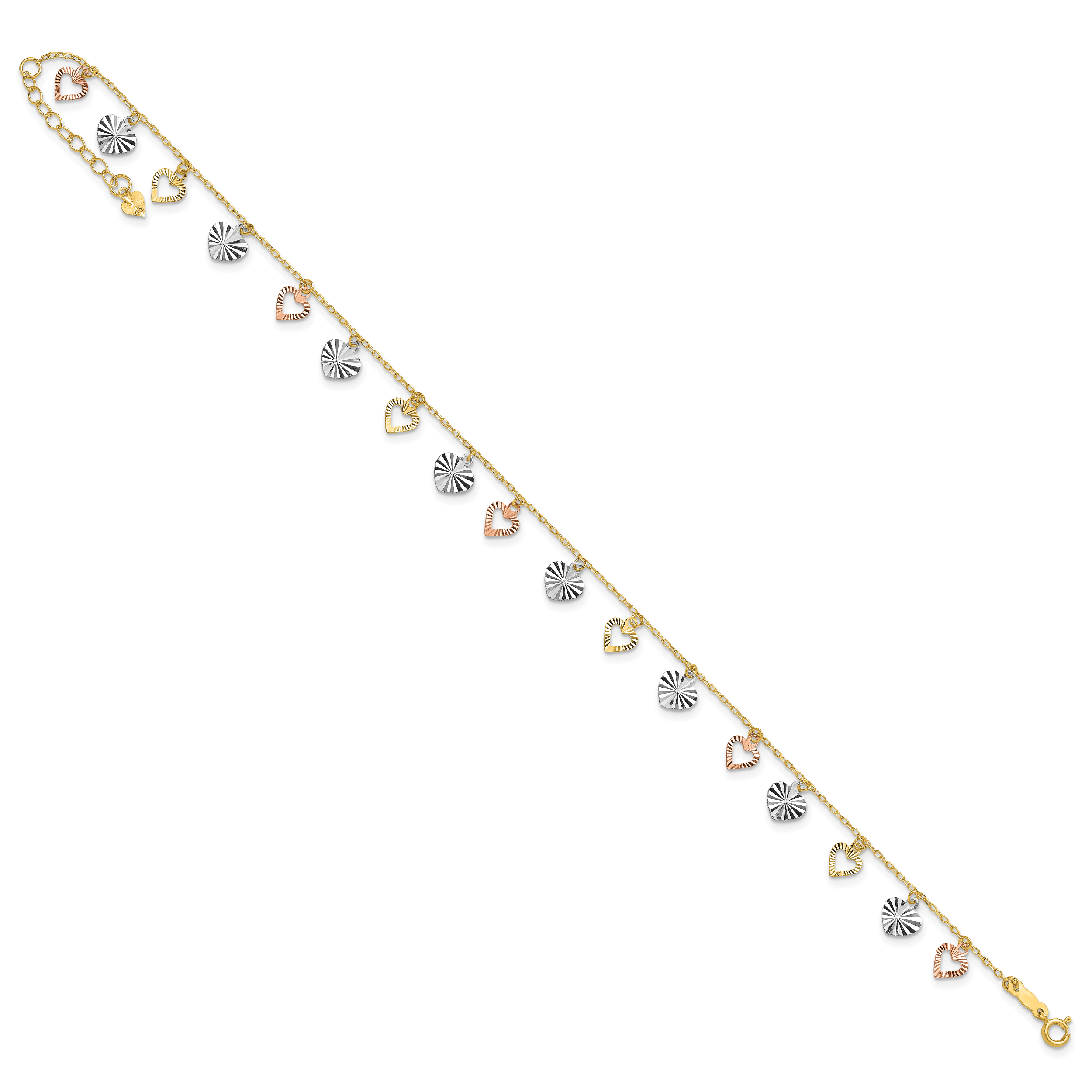 14K Tri-Color Dangle Hearts 9 inch Plus 1 inch Extender - Total 10 inch Anklet - Sophia Jewelers