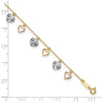 14K Tri-Color Dangle Hearts 9 inch Plus 1 inch Extender - Total 10 inch Anklet - Sophia Jewelers