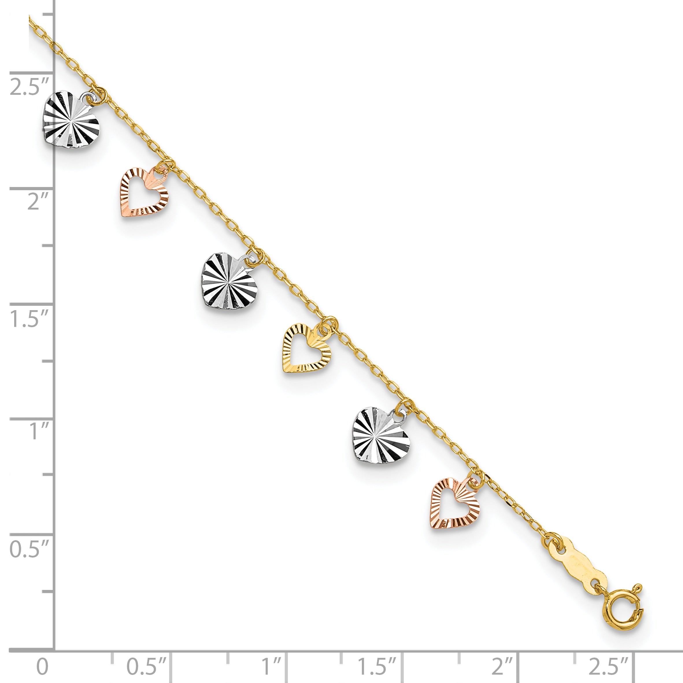 14K Tri-Color Dangle Hearts 9 inch Plus 1 inch Extender - Total 10 inch Anklet - Sophia Jewelers