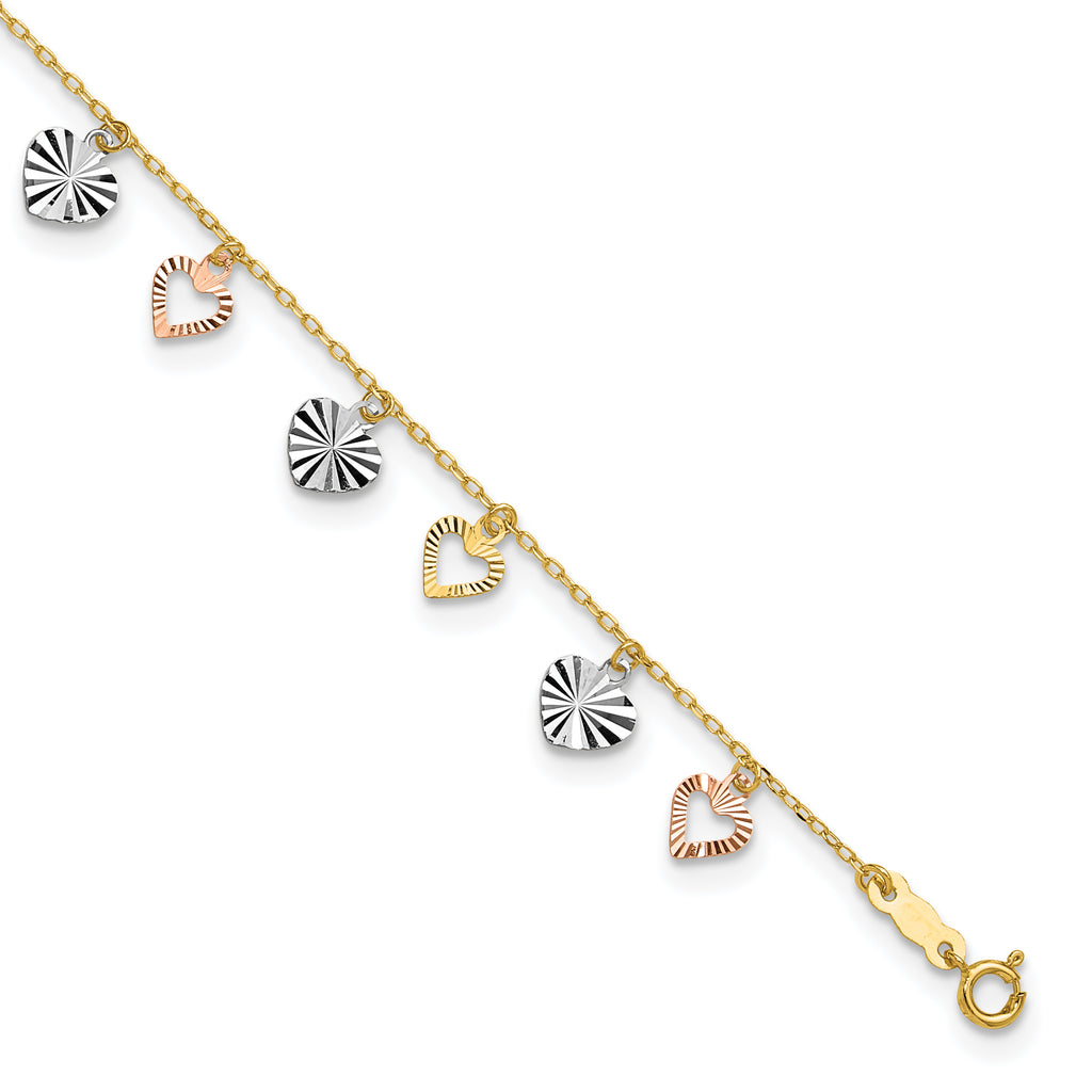 14K Tri-Color Dangle Hearts 9 inch Plus 1 inch Extender - Total 10 inch Anklet - Sophia Jewelers