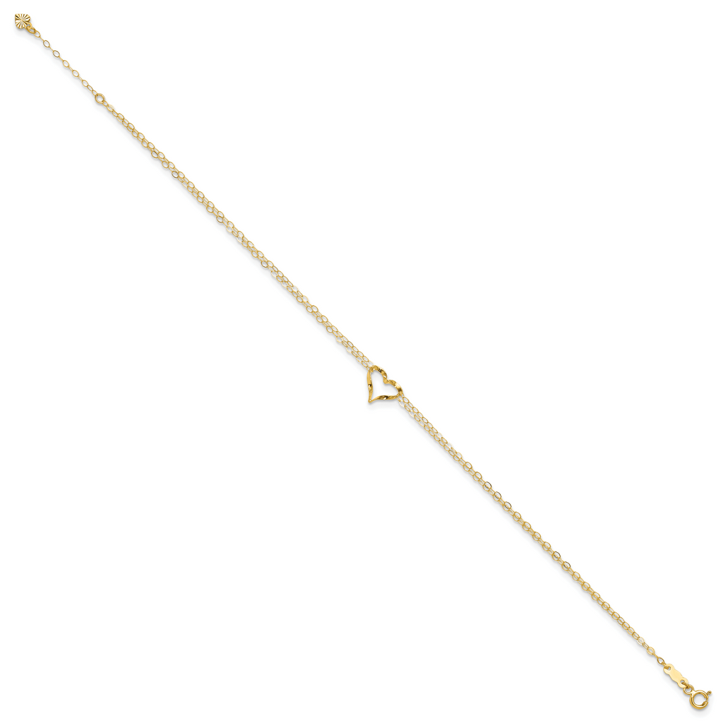 14k Double Strand Chain and Twisted Heart 9 inch Plus 1 inch Extender - Total 10 inch Anklet - Sophia Jewelers