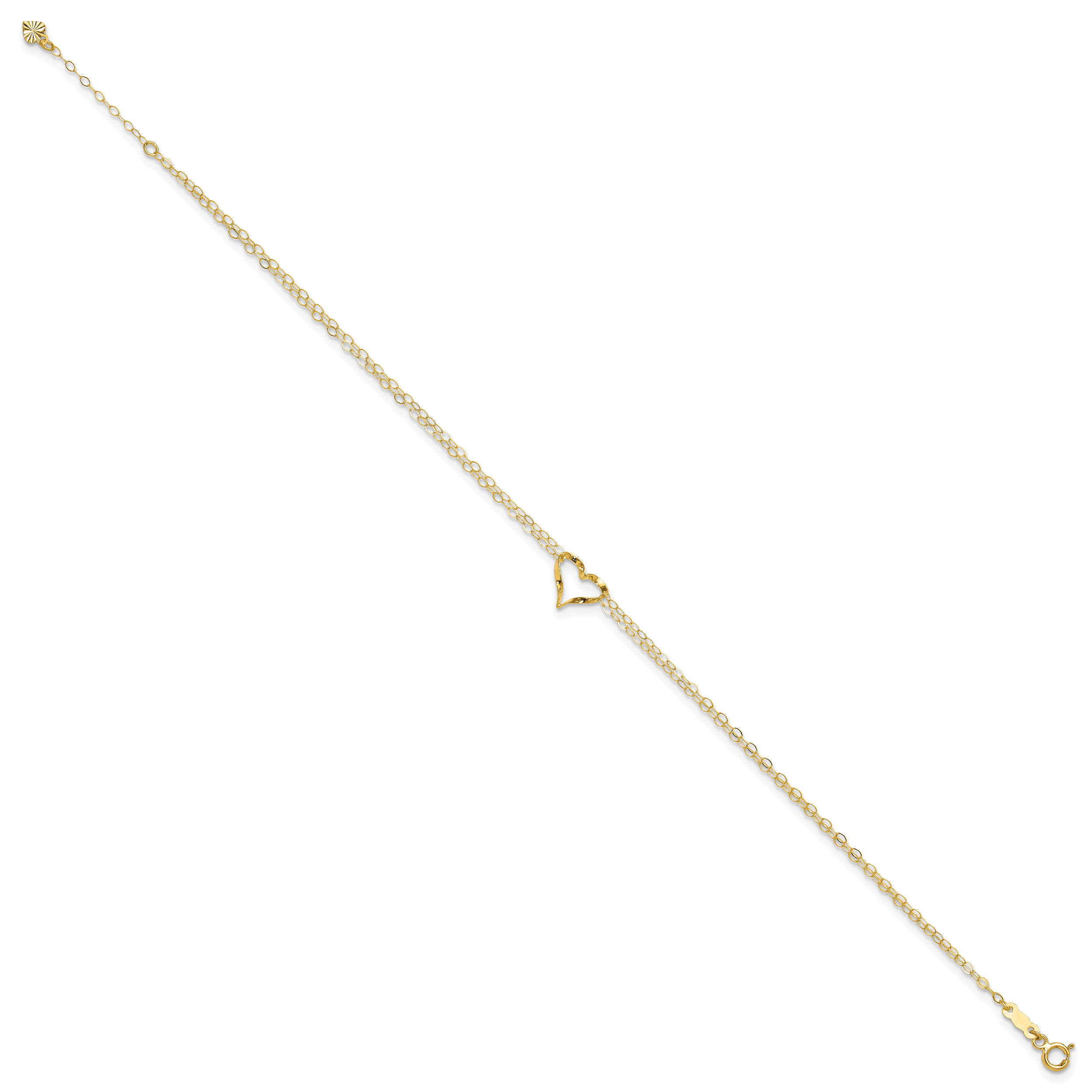 14k Double Strand Chain and Twisted Heart 9 inch Plus 1 inch Extender - Total 10 inch Anklet - Sophia Jewelers