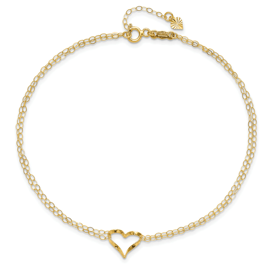 14k Double Strand Chain and Twisted Heart 9 inch Plus 1 inch Extender - Total 10 inch Anklet - Sophia Jewelers