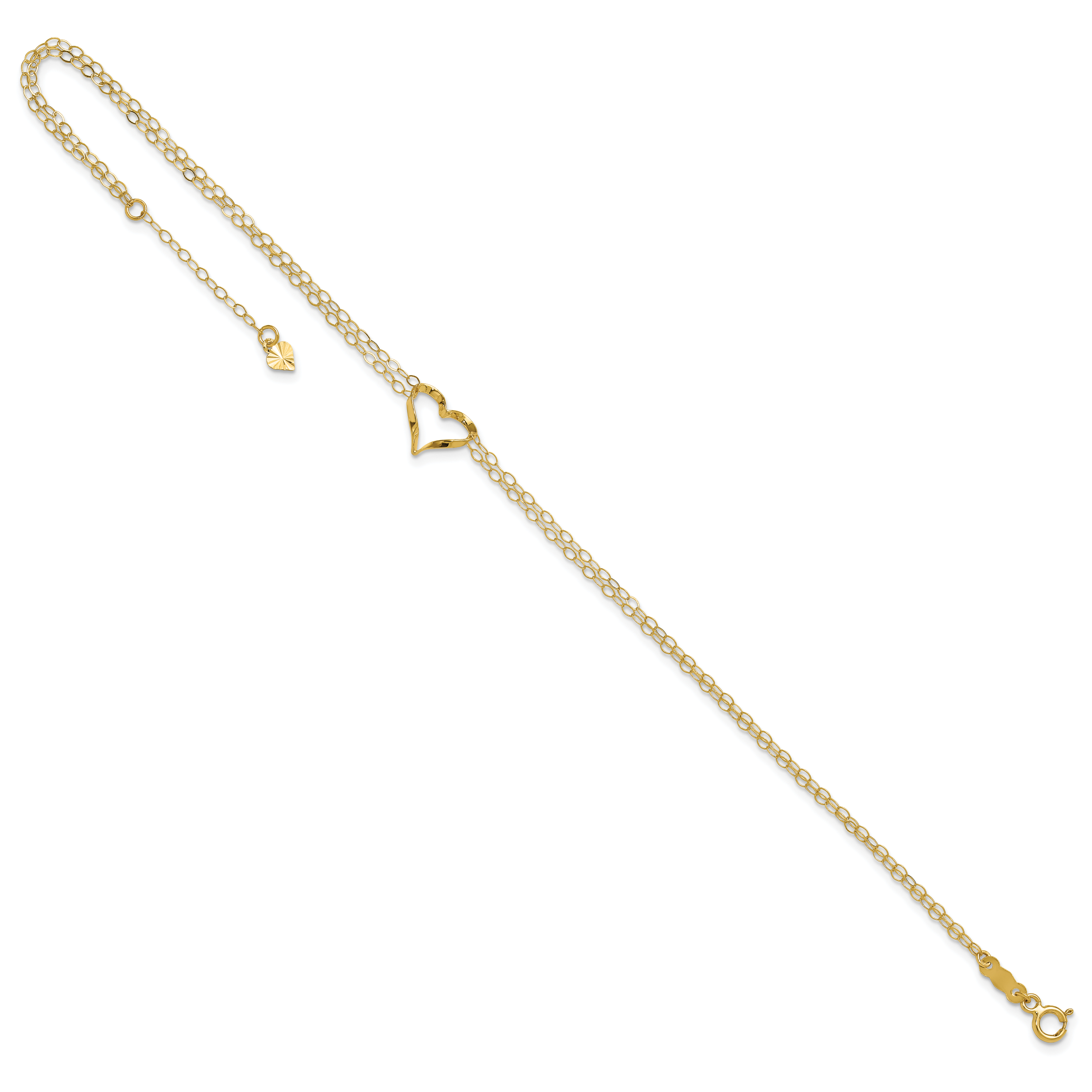 14k Double Strand Chain and Twisted Heart 9 inch Plus 1 inch Extender - Total 10 inch Anklet - Sophia Jewelers