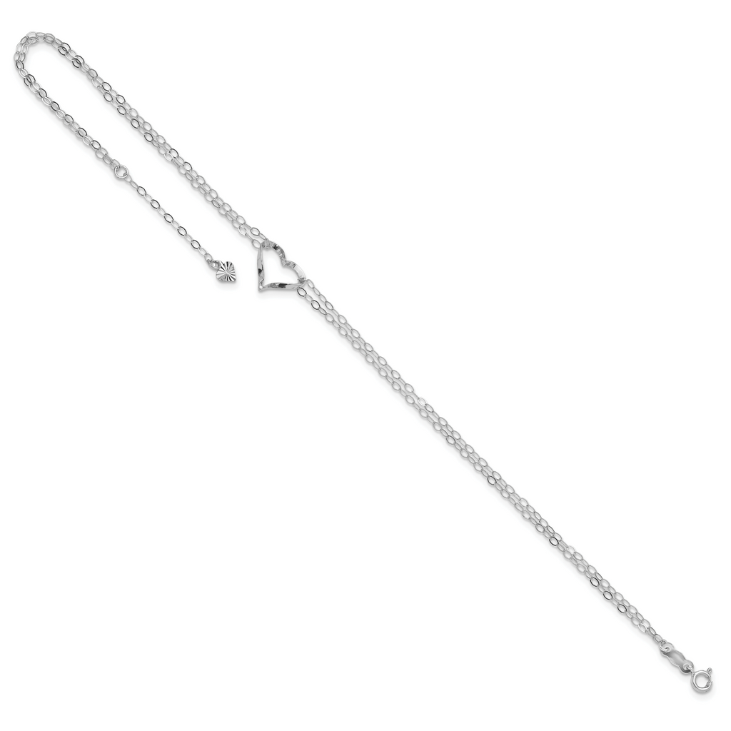 14k White Gold Double Strand Chain Twisted Heart 9 inch Plus 1 inch Extender - Total 10 inch Anklet - Sophia Jewelers