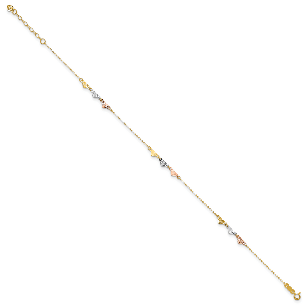 14K Tri-Color Diamond-cut Hearts 9 inch Plus 1 inch Extender - Total 10 inch Anklet - Sophia Jewelers