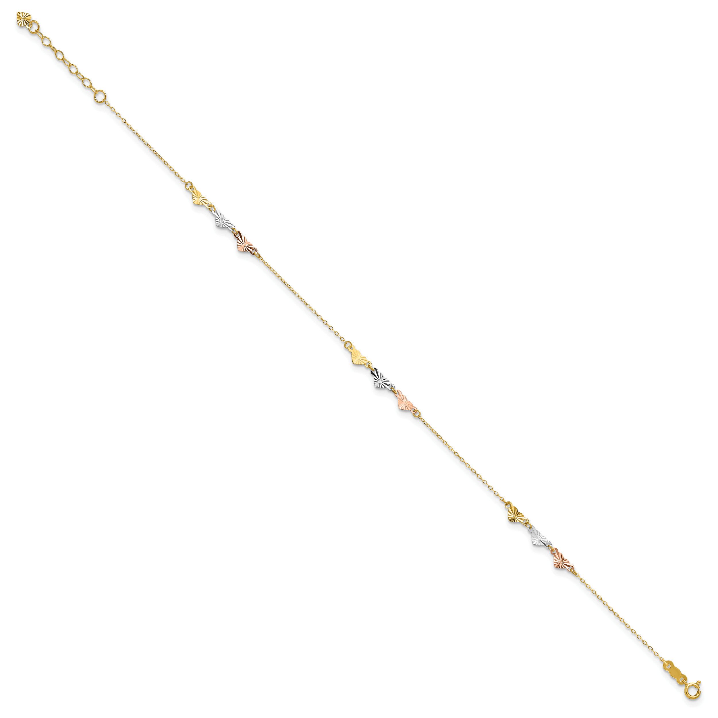 14K Tri-Color Diamond-cut Hearts 9 inch Plus 1 inch Extender - Total 10 inch Anklet - Sophia Jewelers