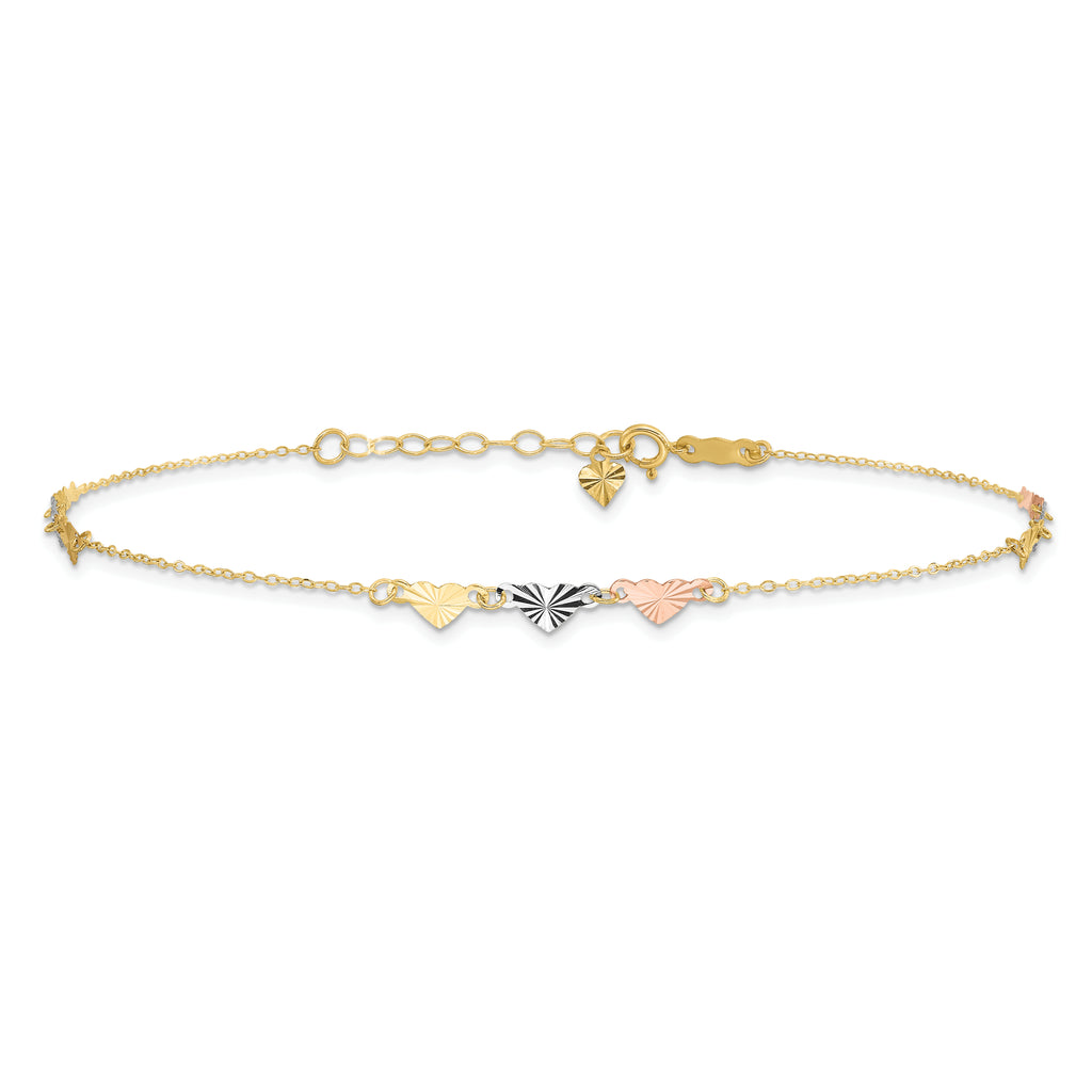 14K Tri-Color Diamond-cut Hearts 9 inch Plus 1 inch Extender - Total 10 inch Anklet - Sophia Jewelers