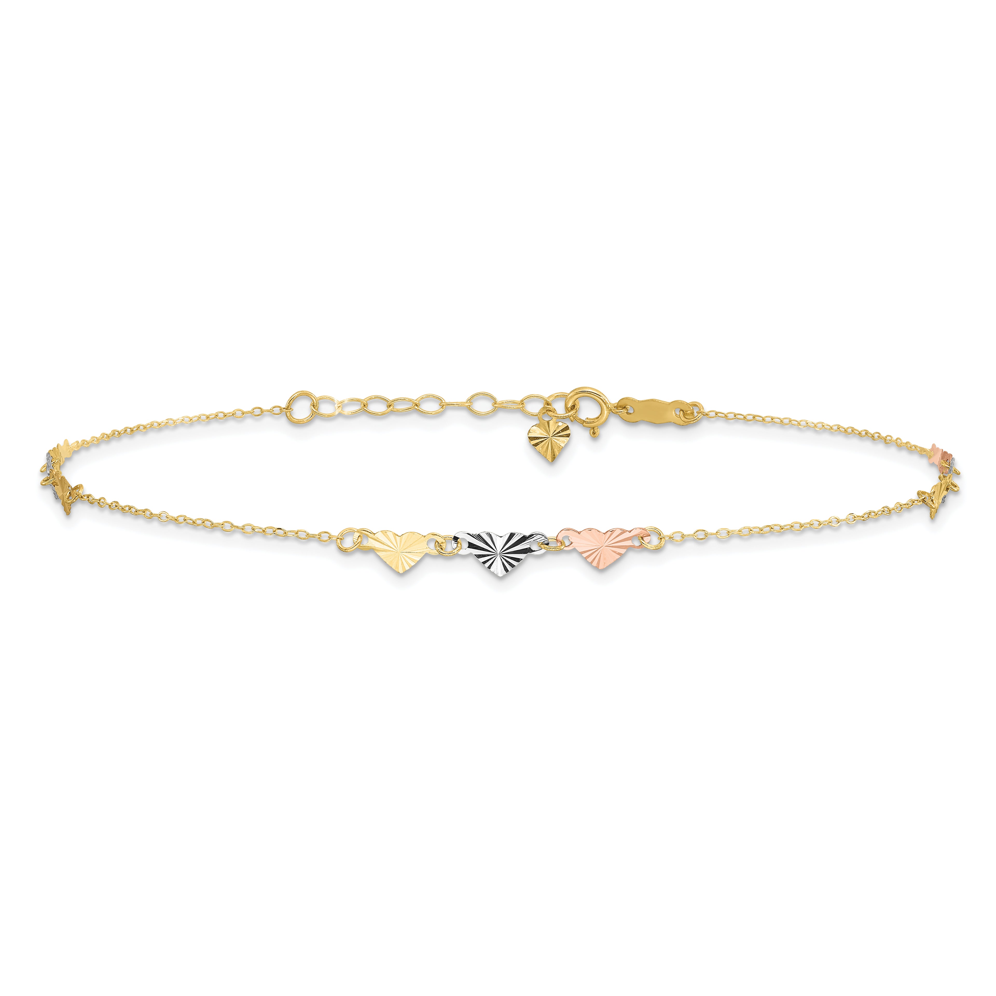 14K Tri-Color Diamond-cut Hearts 9 inch Plus 1 inch Extender - Total 10 inch Anklet - Sophia Jewelers
