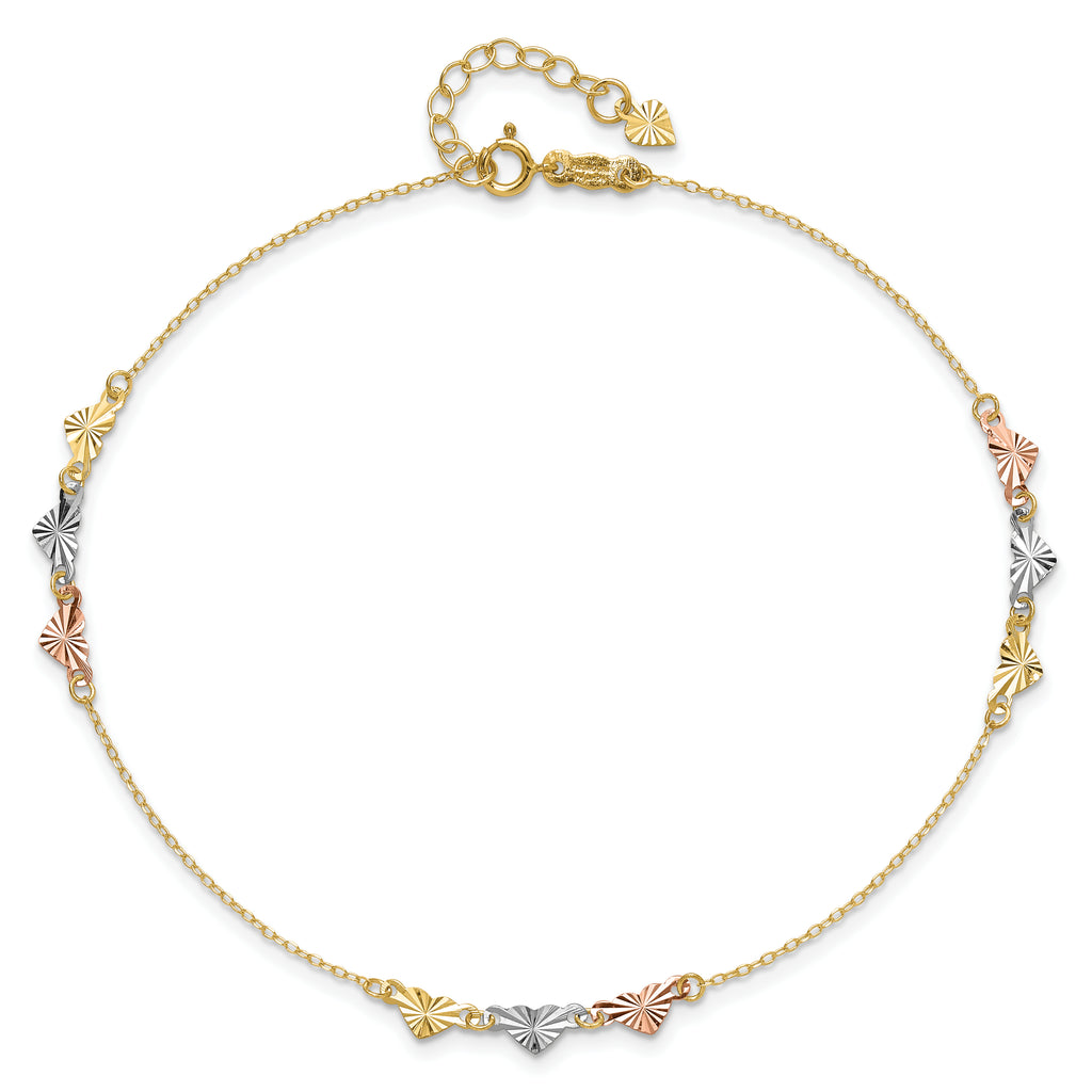 14K Tri-Color Diamond-cut Hearts 9 inch Plus 1 inch Extender - Total 10 inch Anklet - Sophia Jewelers