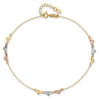 14K Tri-Color Diamond-cut Hearts 9 inch Plus 1 inch Extender - Total 10 inch Anklet - Sophia Jewelers