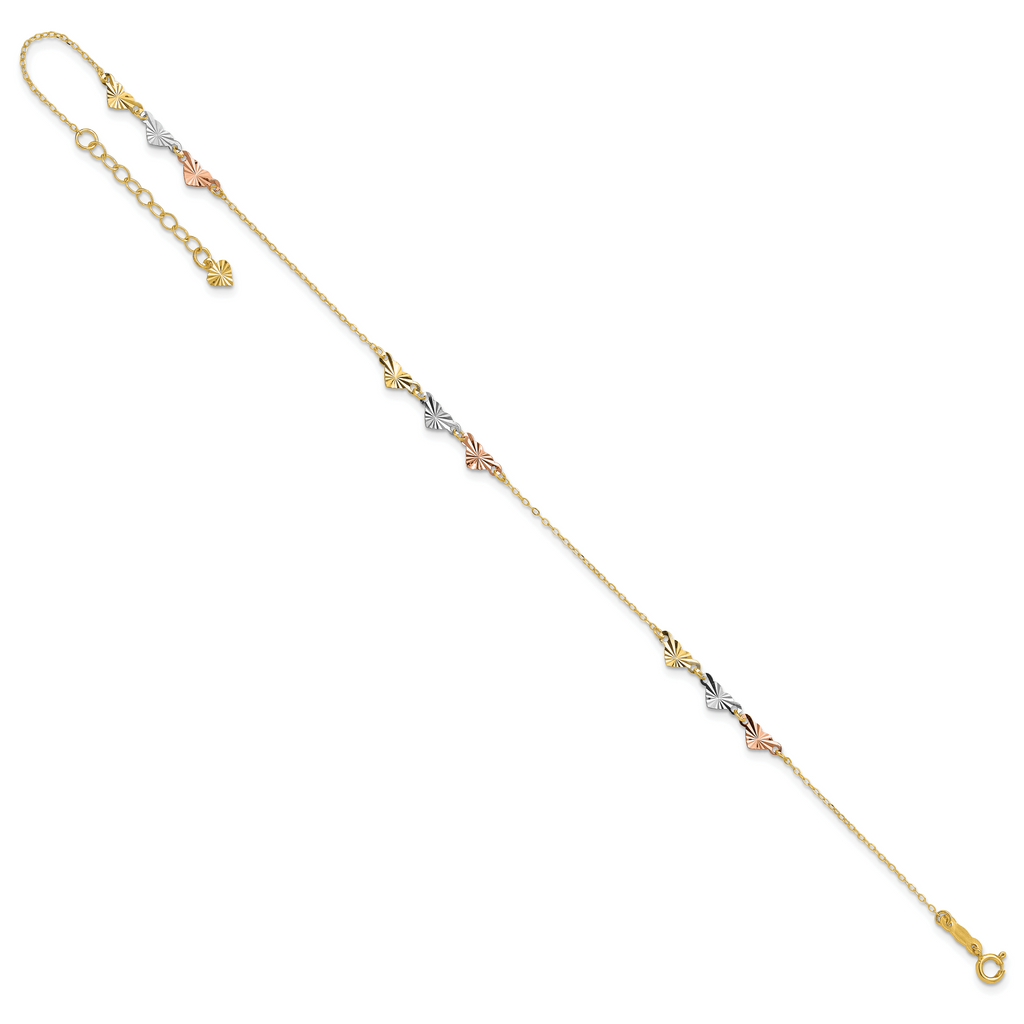 14K Tri-Color Diamond-cut Hearts 9 inch Plus 1 inch Extender - Total 10 inch Anklet - Sophia Jewelers