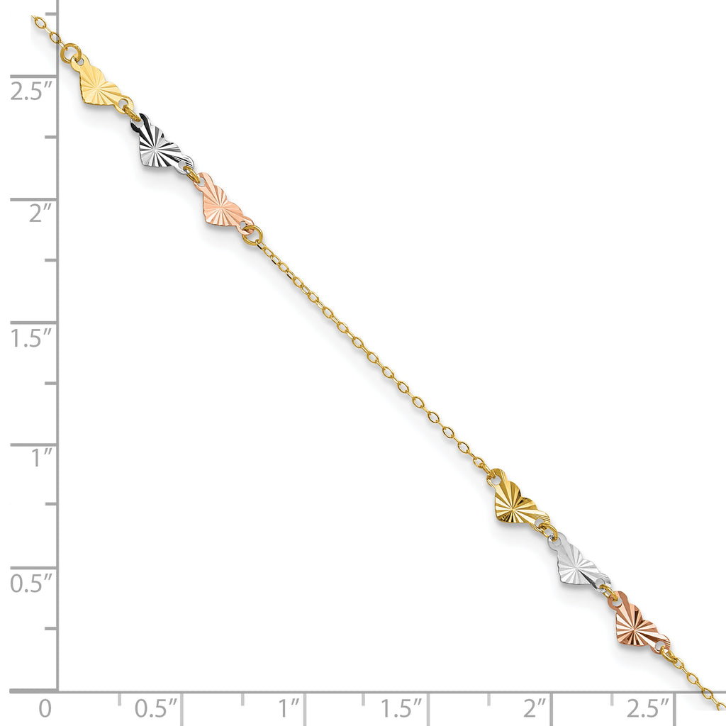 14K Tri-Color Diamond-cut Hearts 9 inch Plus 1 inch Extender - Total 10 inch Anklet - Sophia Jewelers