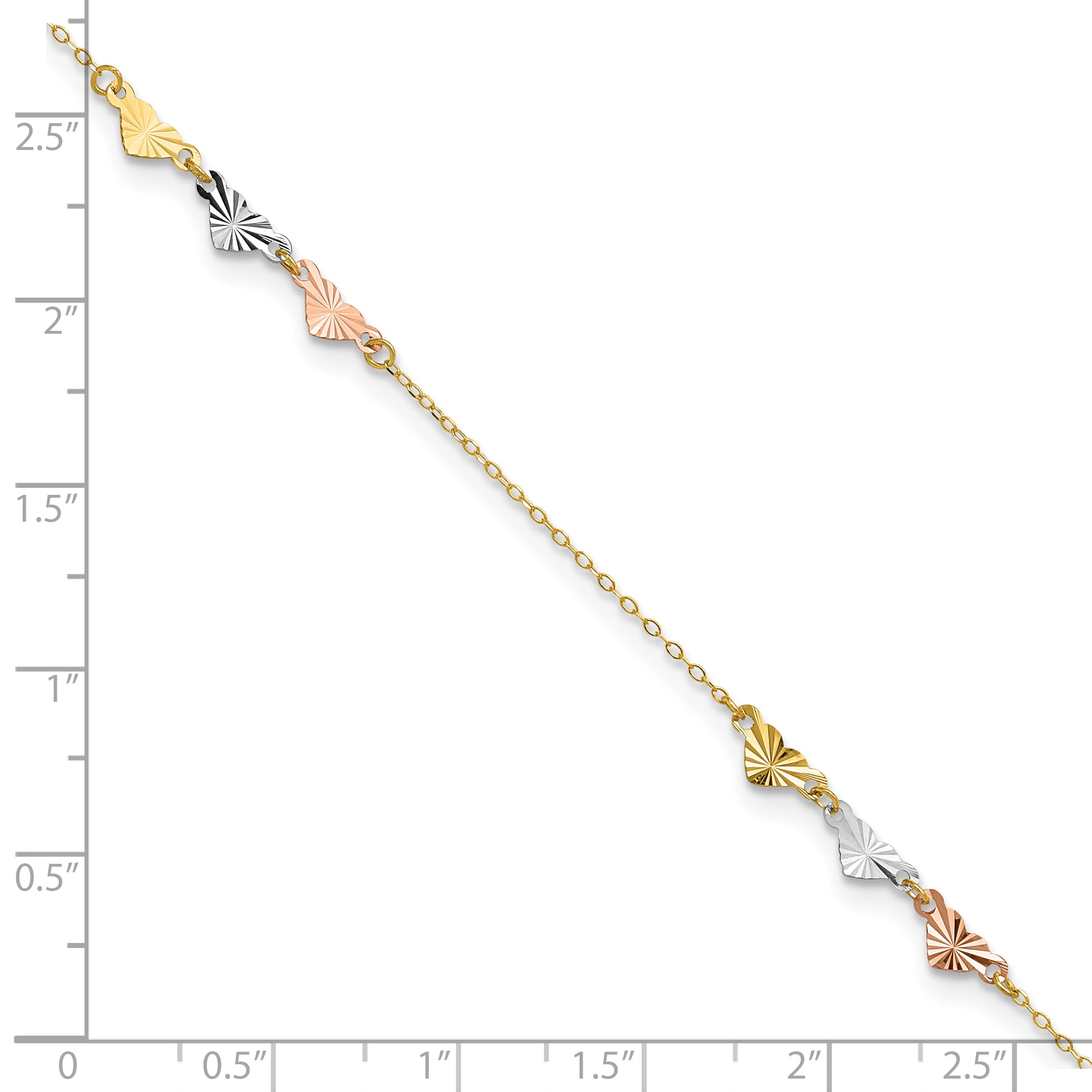 14K Tri-Color Diamond-cut Hearts 9 inch Plus 1 inch Extender - Total 10 inch Anklet - Sophia Jewelers